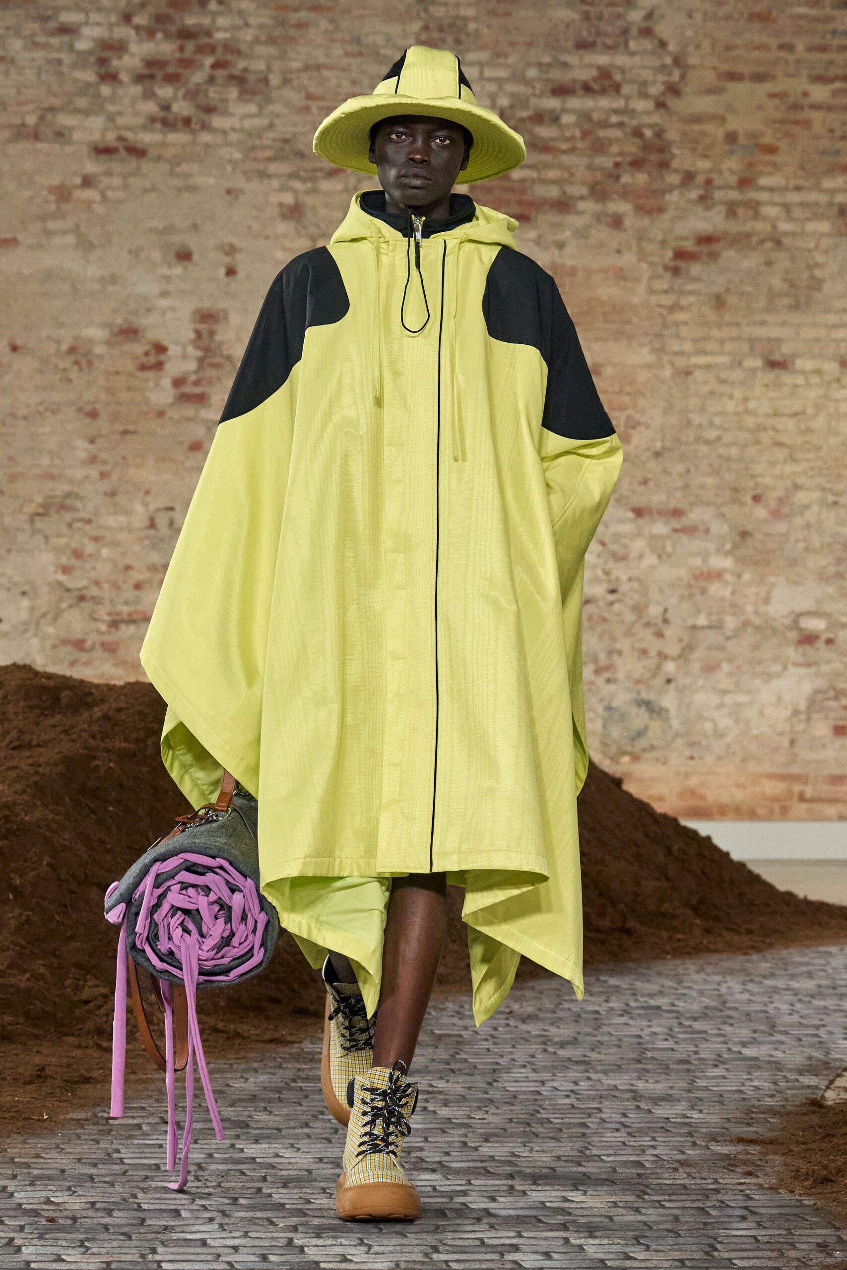 yellow cotton long-sleeve hooded relaxed layered midi poncho