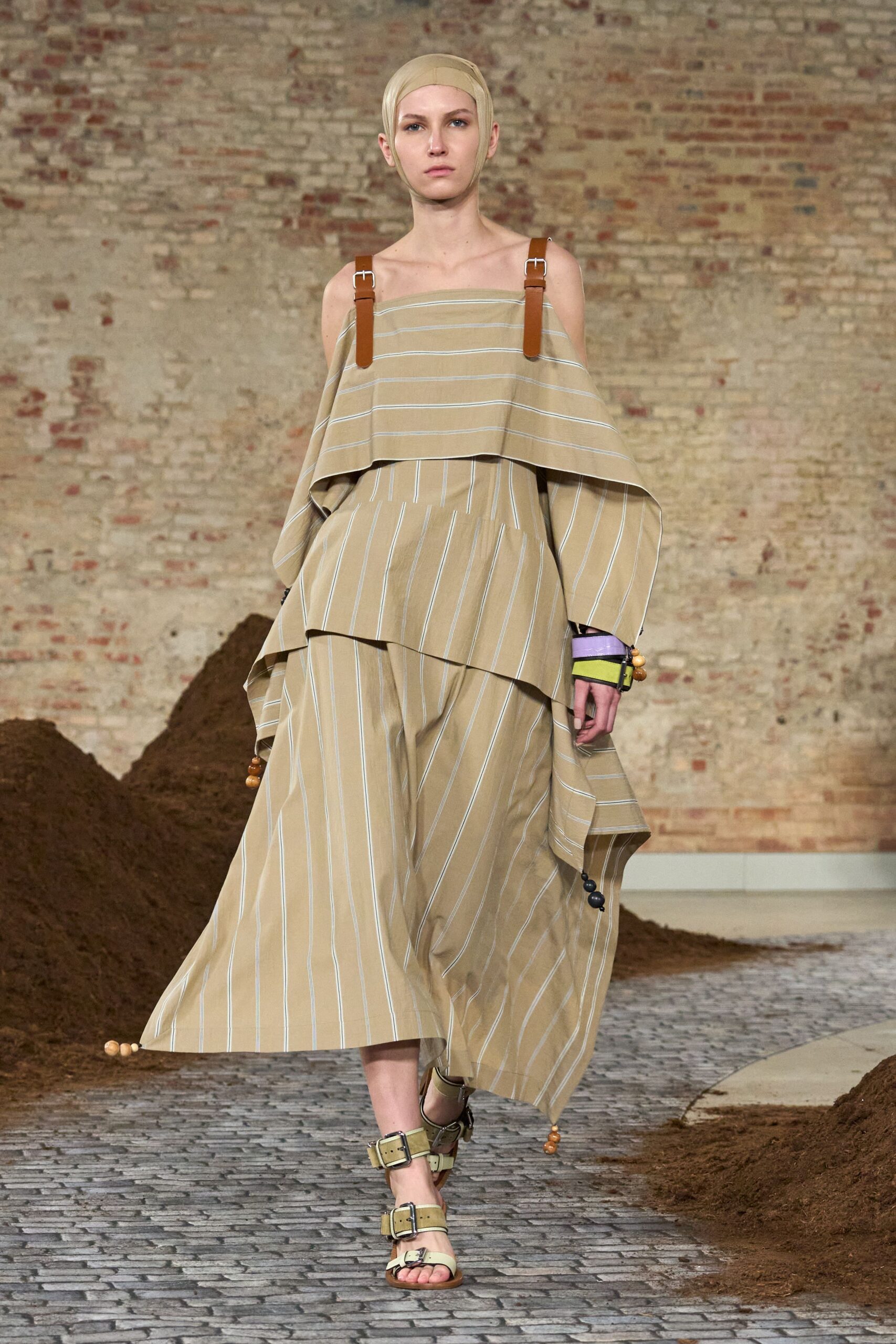 beige cotton sleeveless off-shoulder relaxed striped layered dress