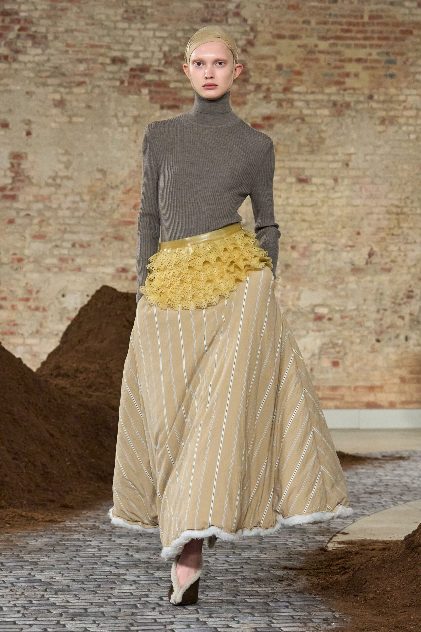 beige cotton relaxed striped pleated maxi skirt