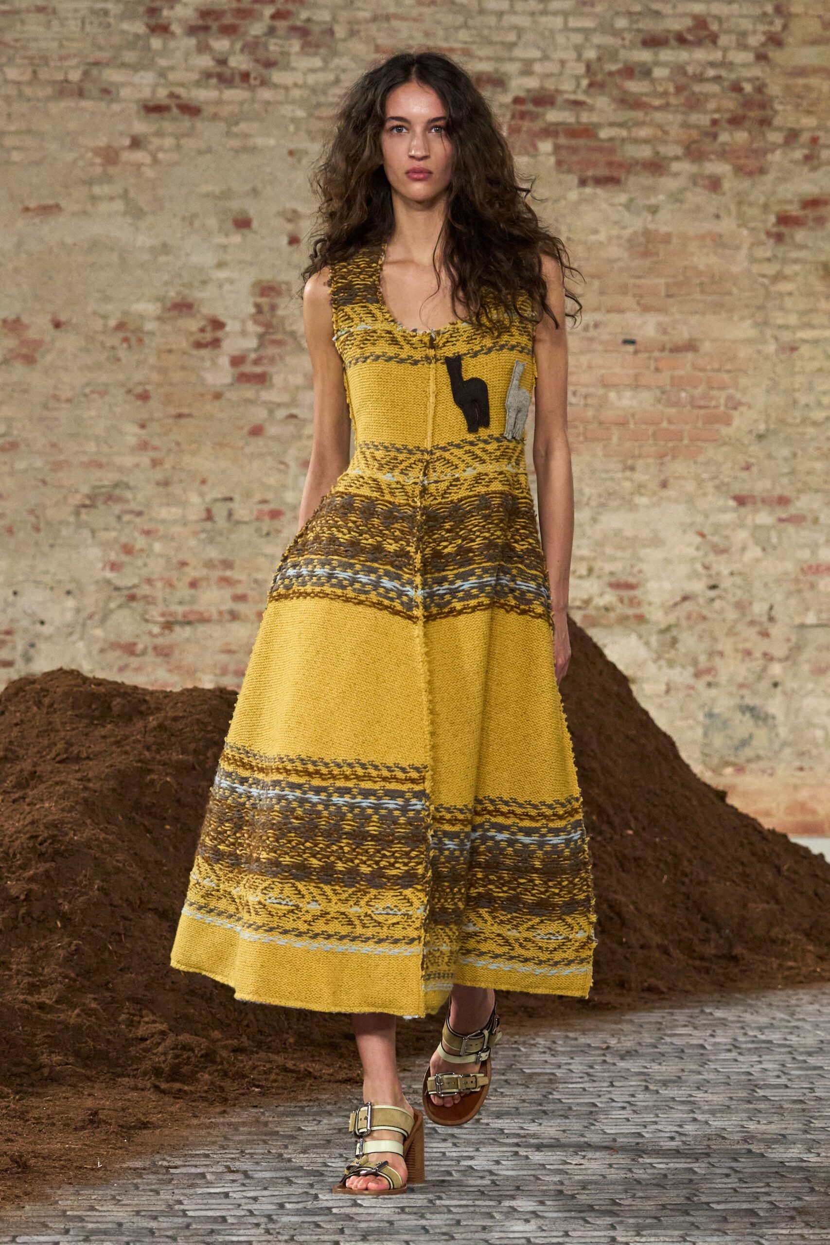 yellow cotton sleeveless v-neck fitted embroidered tiered dress