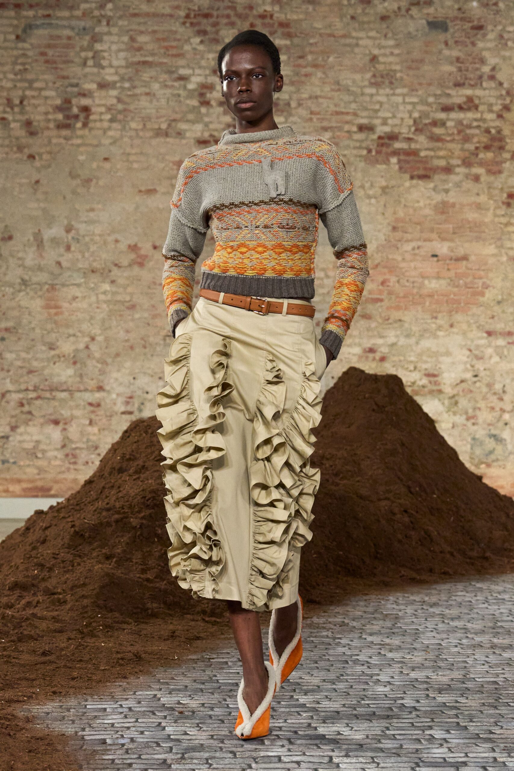 gray wool long-sleeve collared fitted ruffled sweater