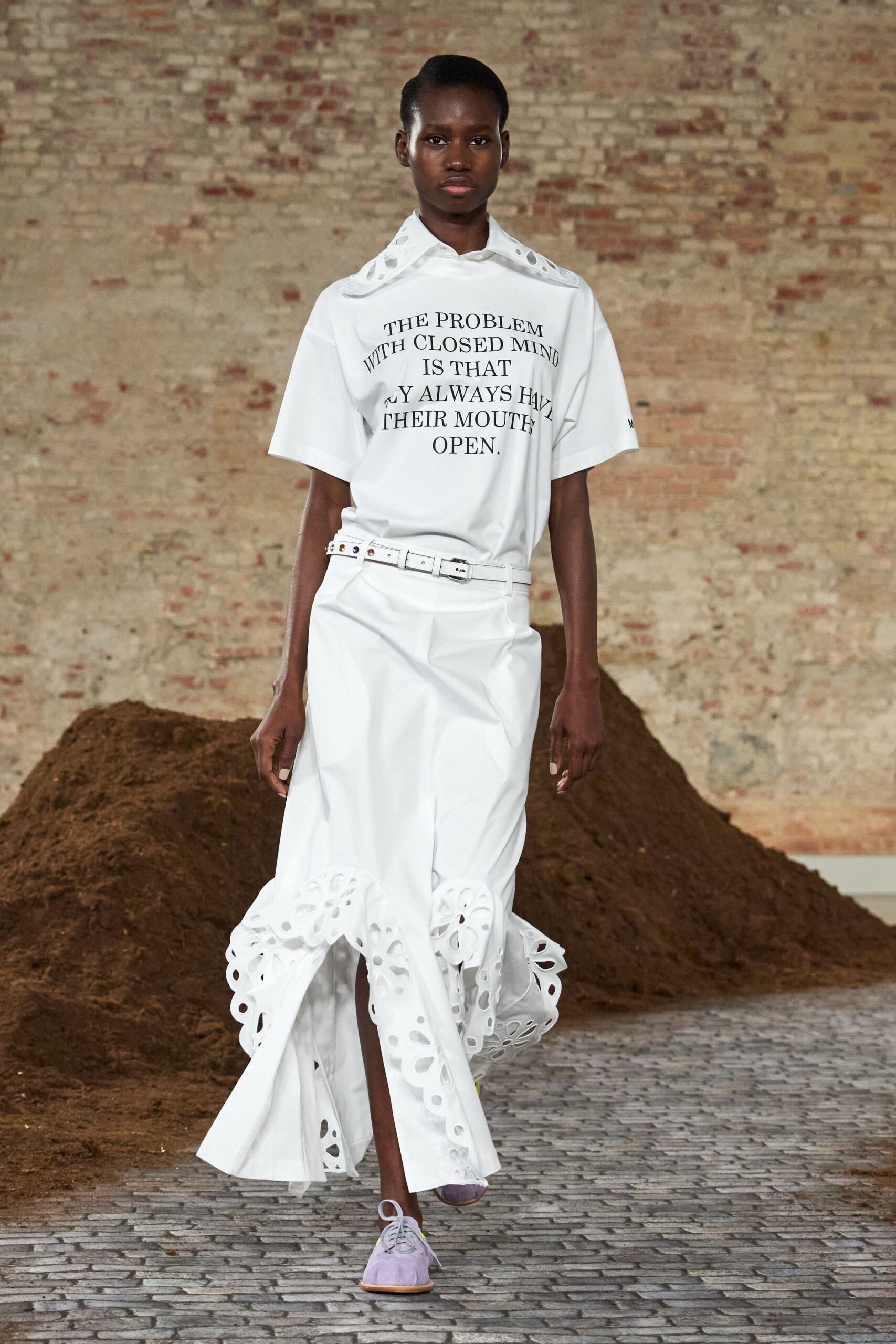 white printed t-shirt and skirt