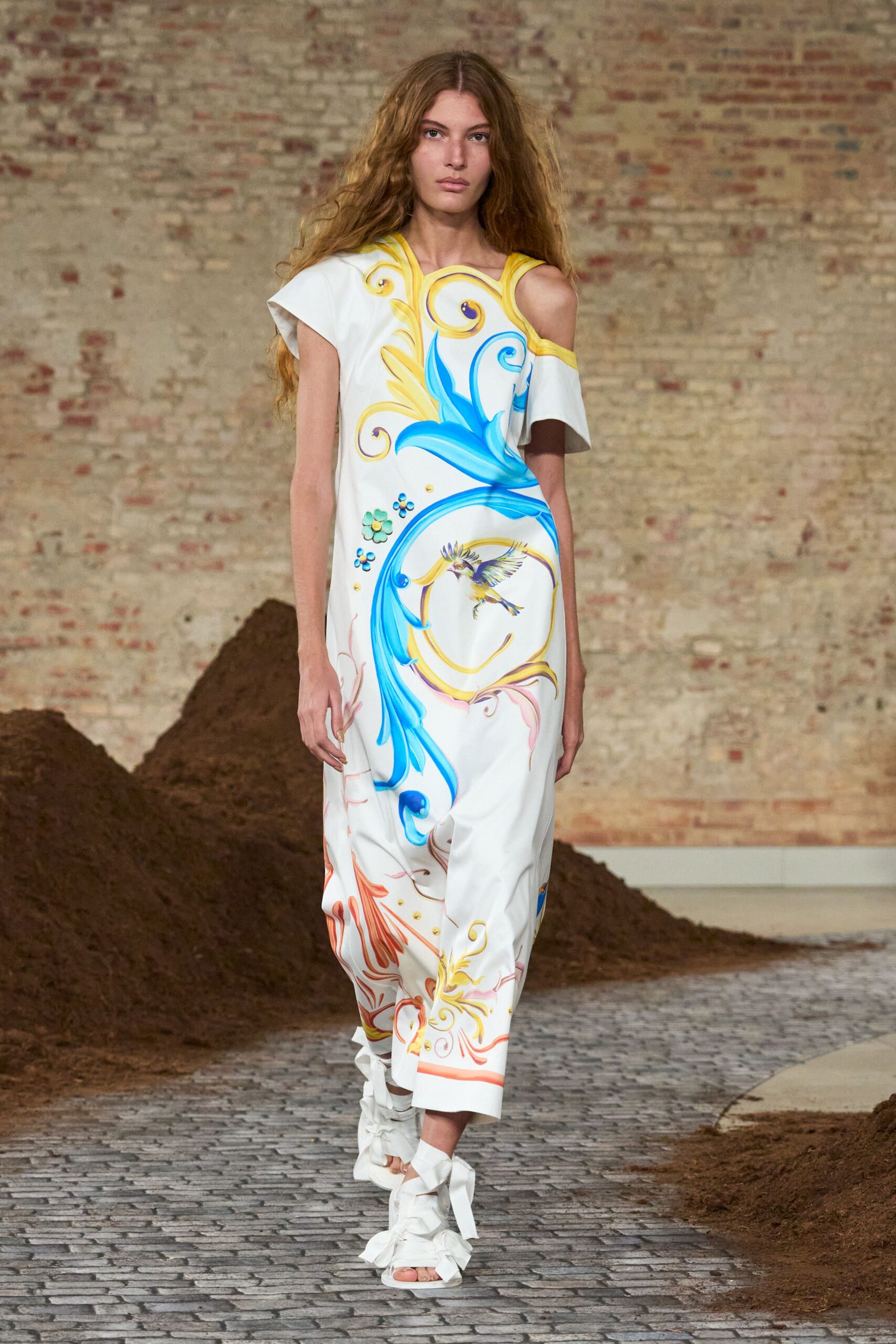 white cotton sleeveless off-shoulder fitted printed midi dress