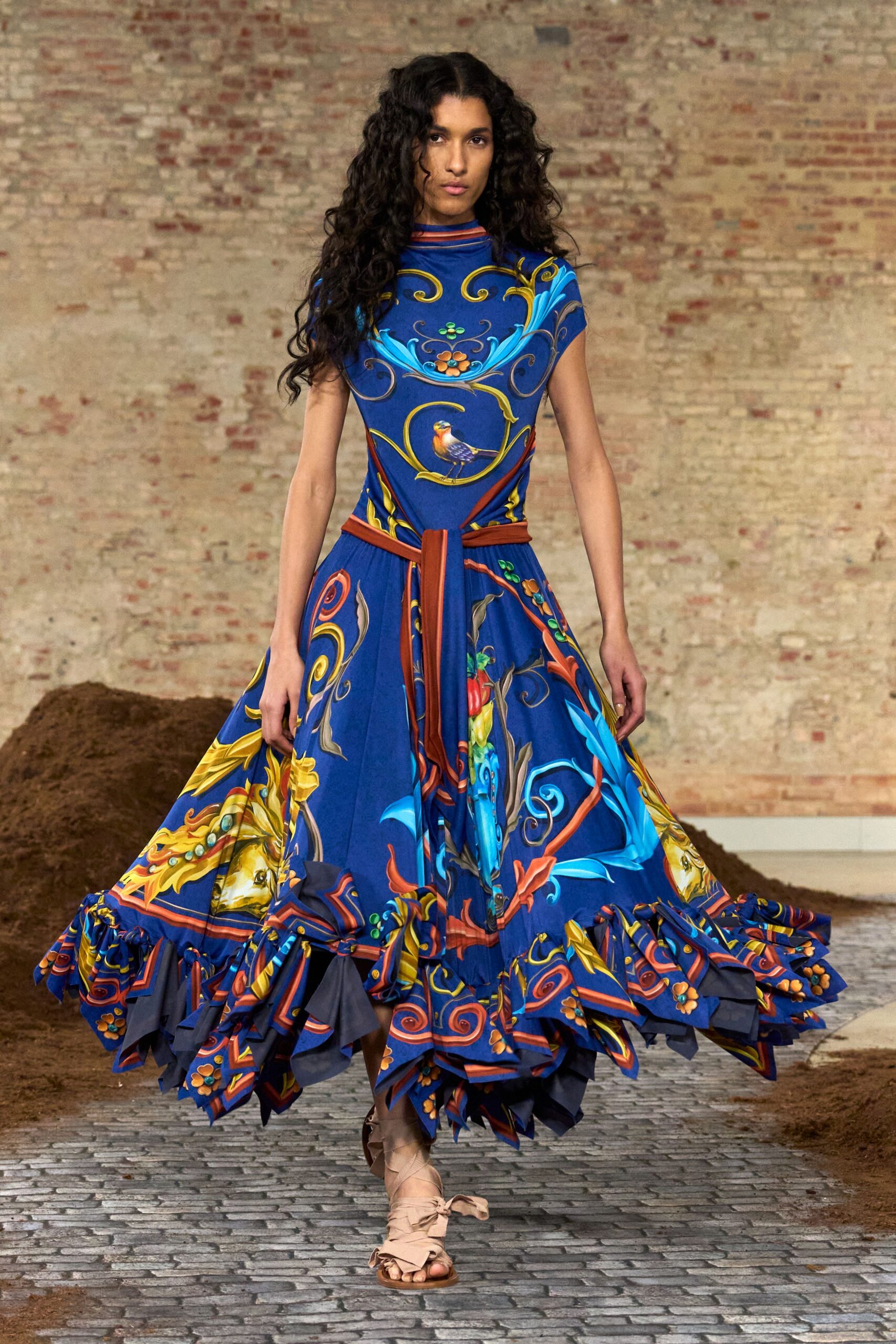 blue cotton short-sleeve high-neck fitted flared printed dress