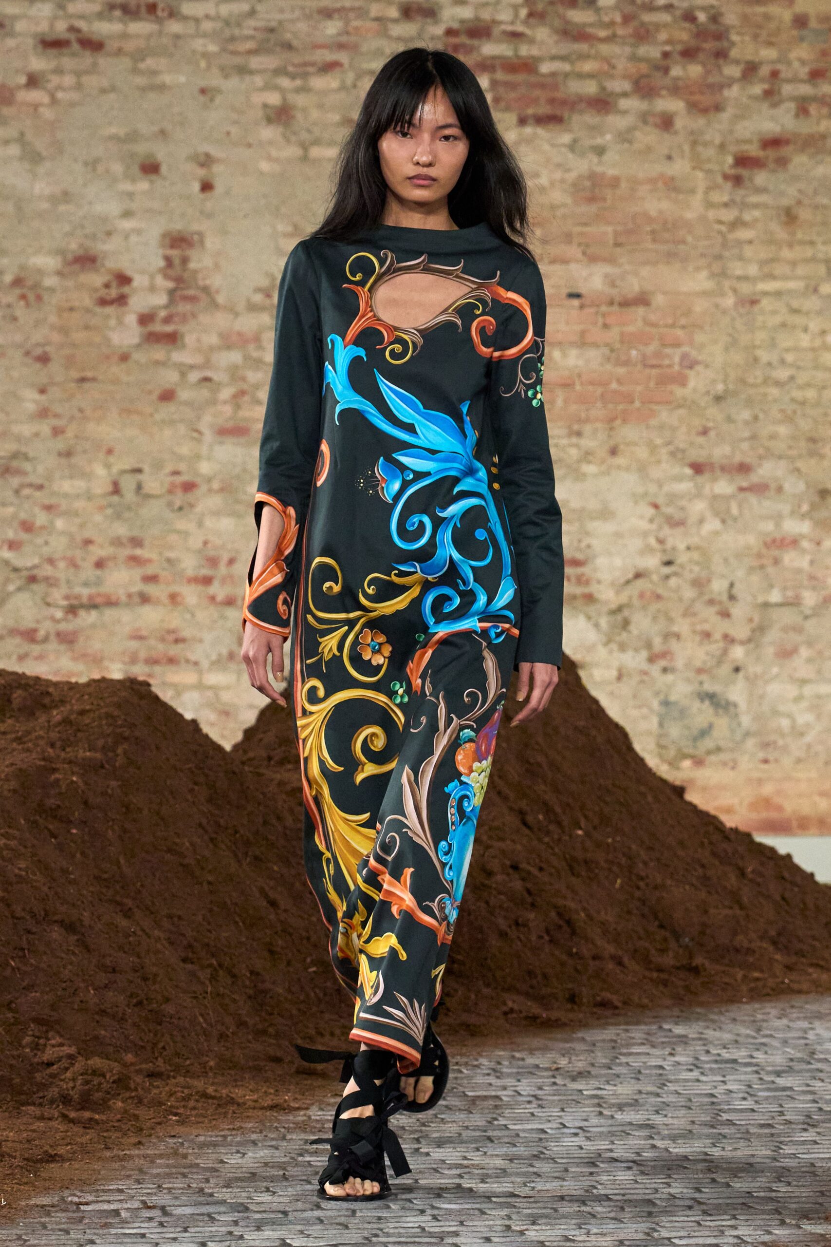 black printed midi dress with cutout