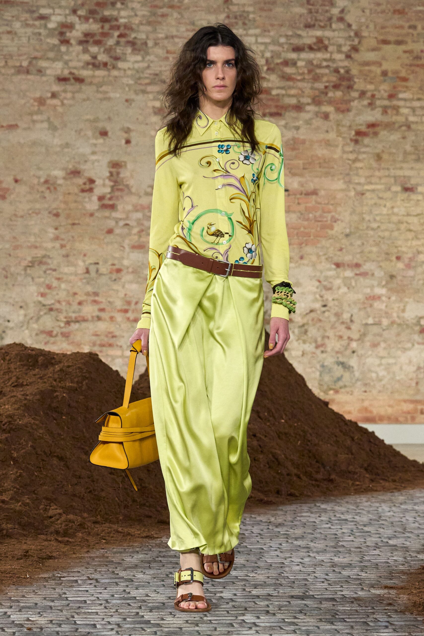 yellow silk long-sleeve collared relaxed embroidered shirt