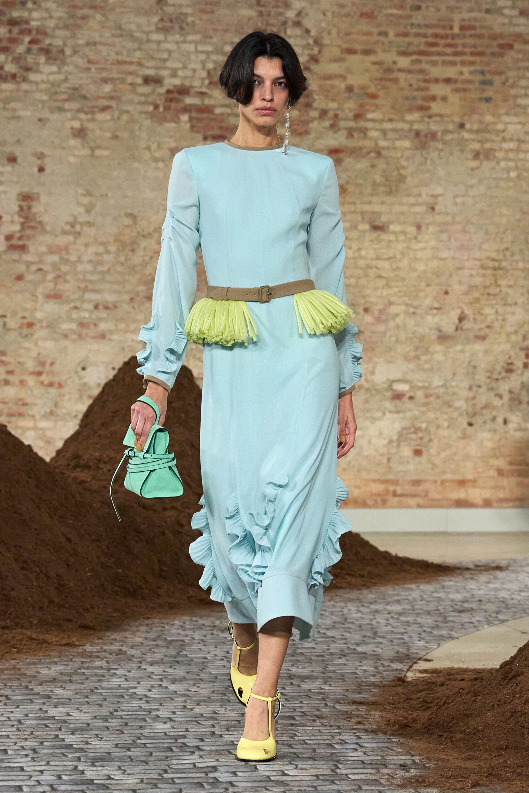 blue silk long-sleeve v-neck fitted ruffled tiered dress