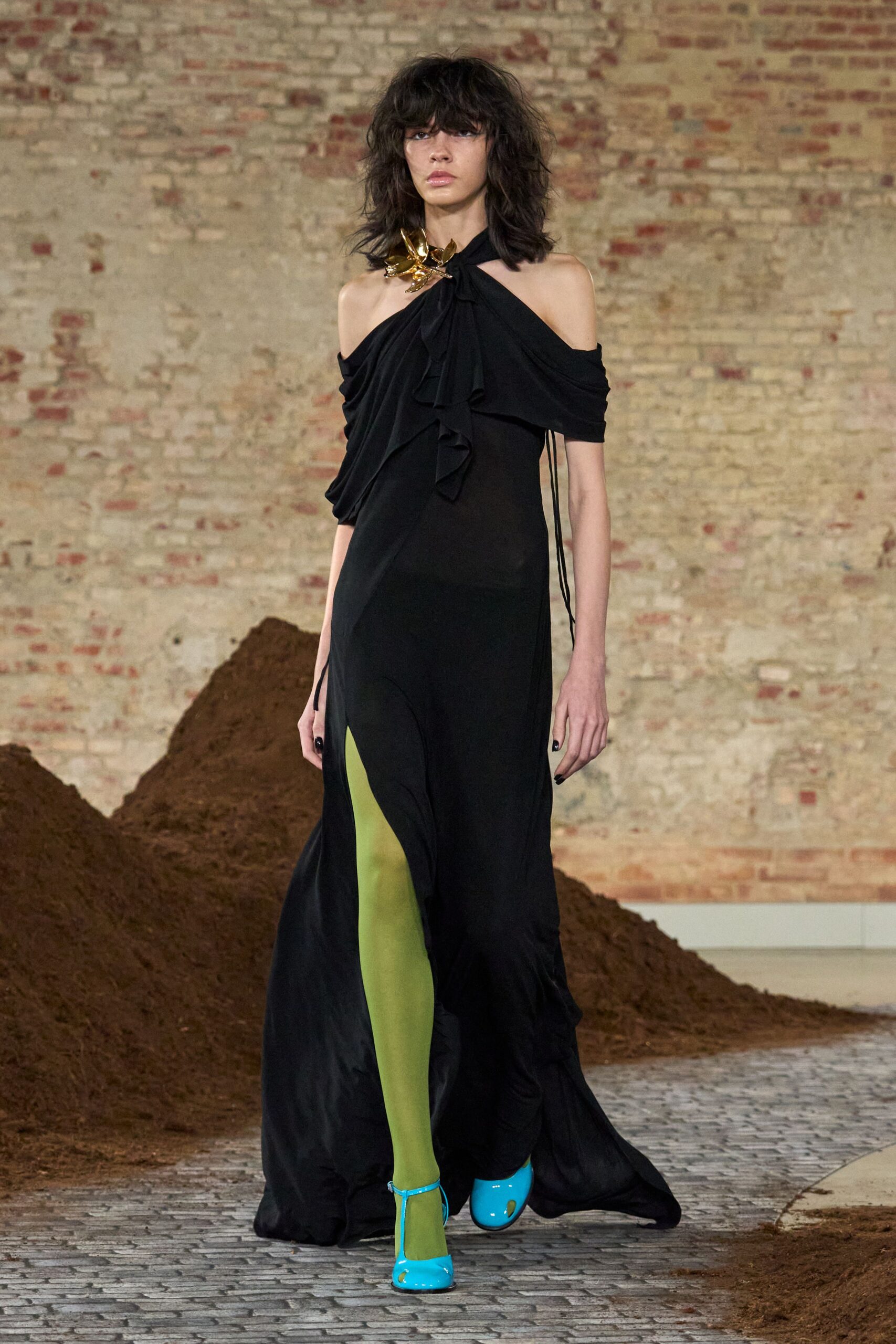 black silk off-shoulder high-neck fitted draped flowing dress