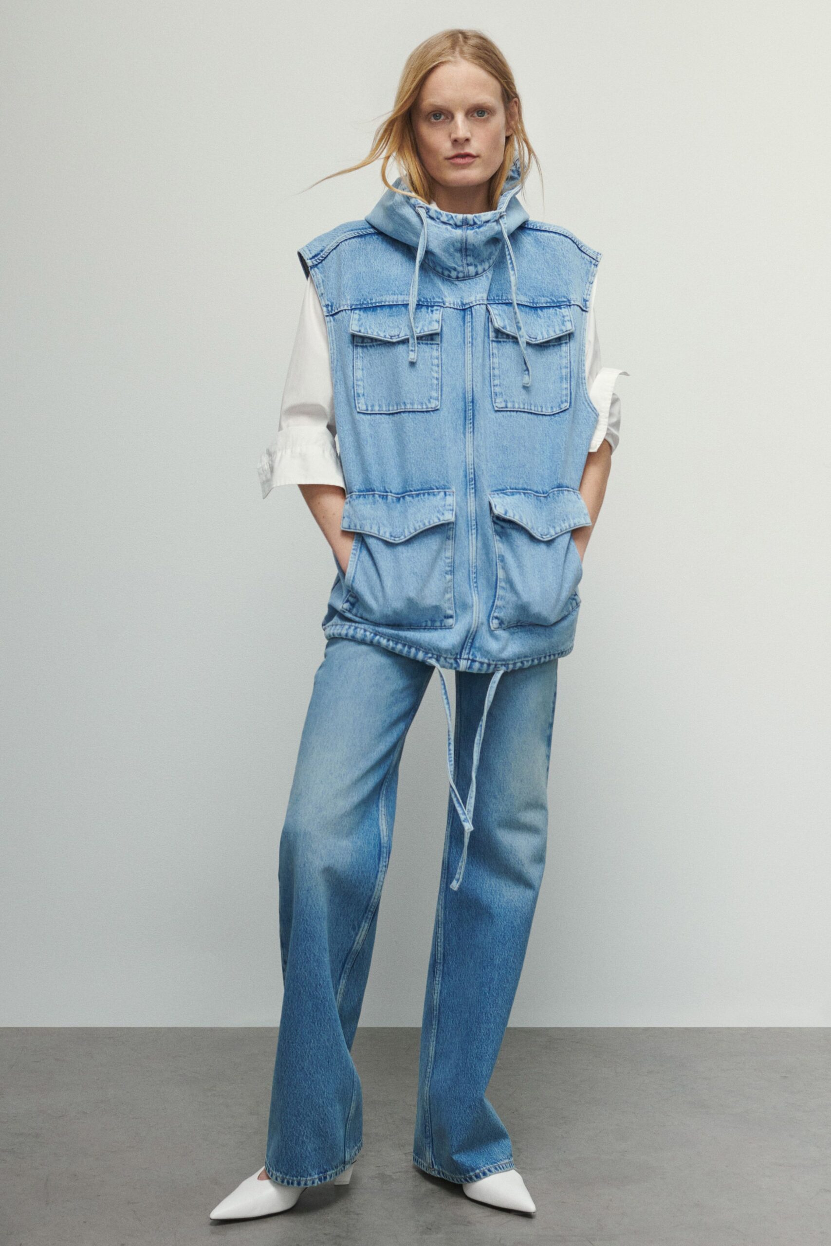 blue denim hooded long-sleeve relaxed buttoned pockets vest