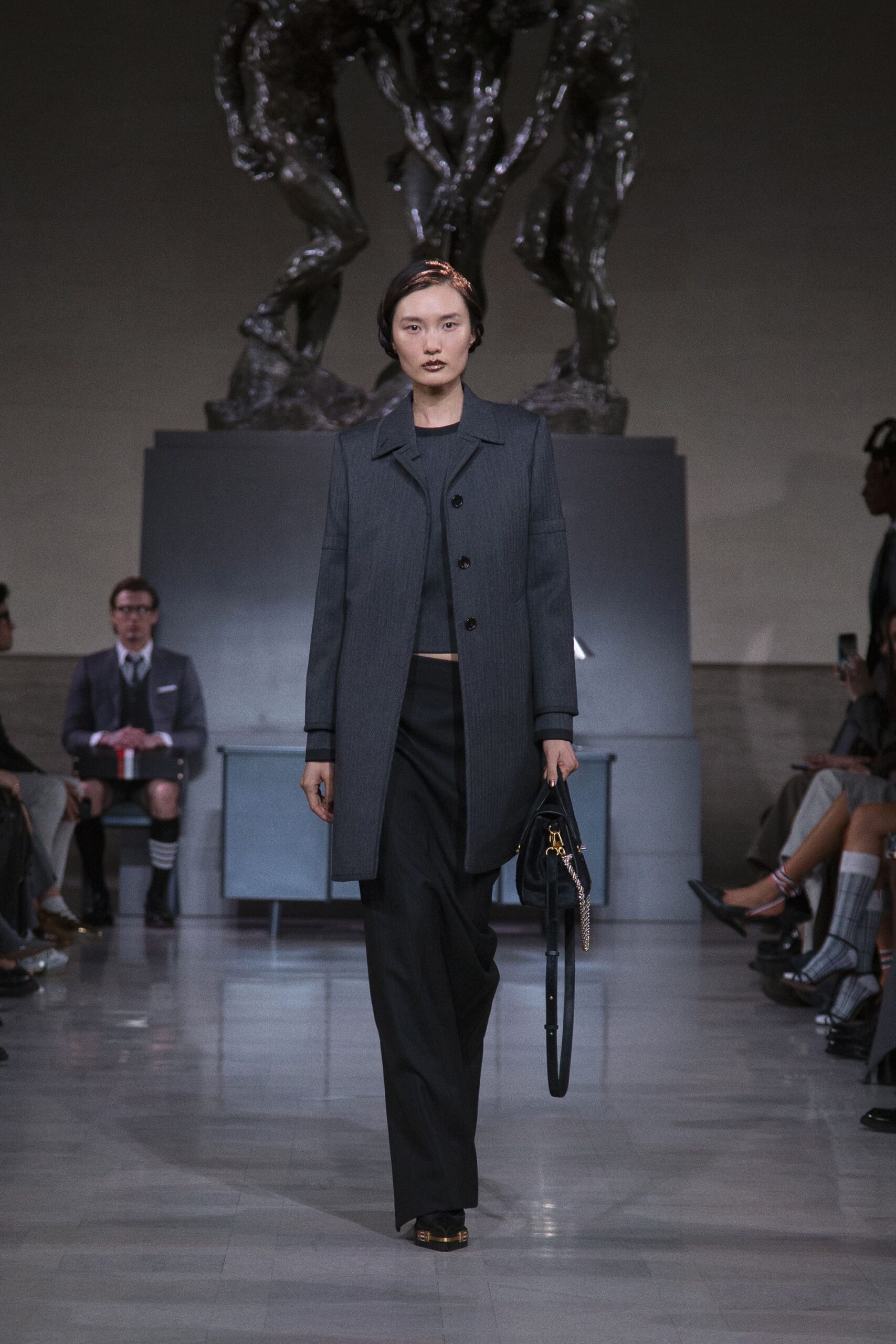 gray blazer black top tailored pants