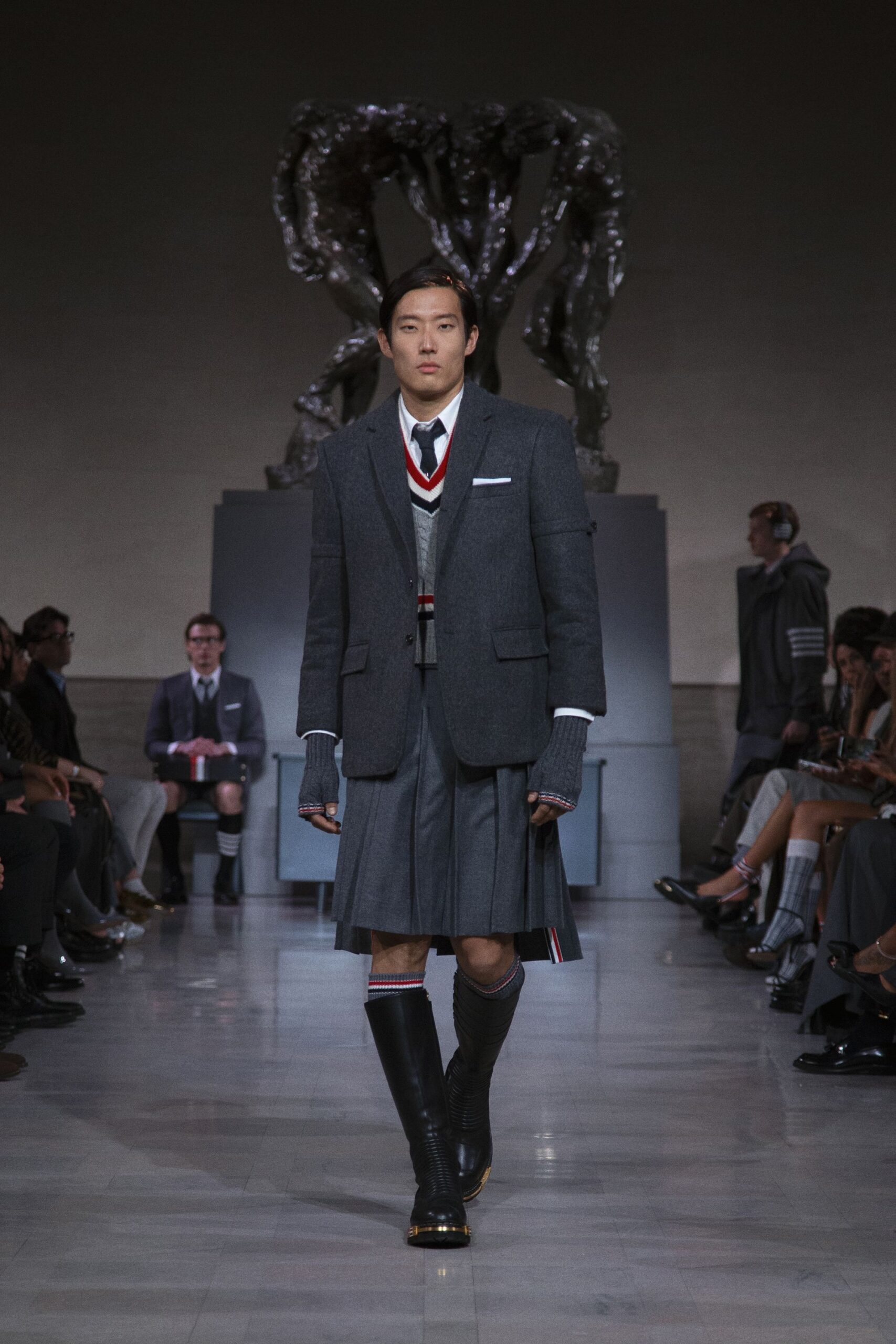 gray wool blazer and pleated skirt
