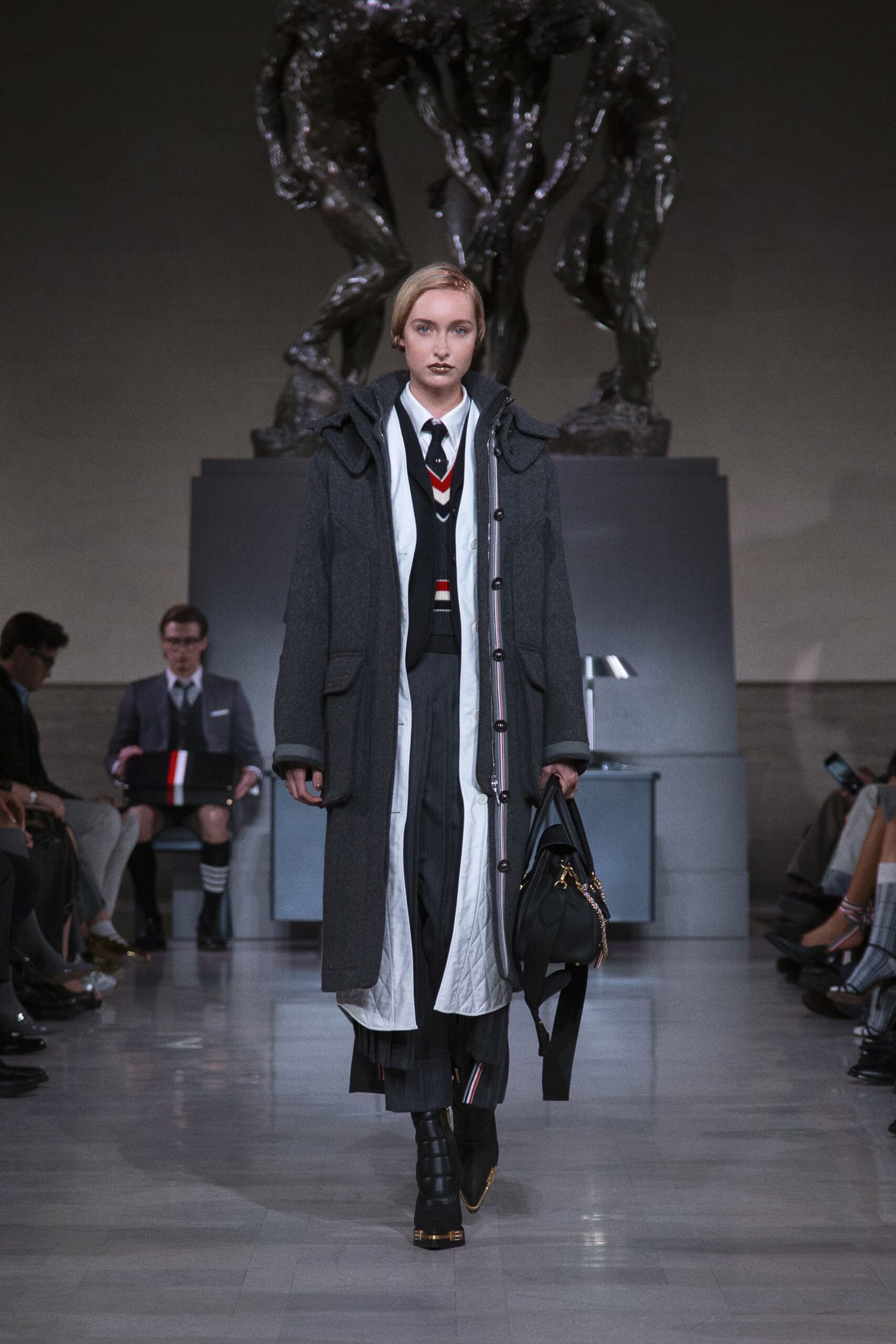 gray wool long-sleeve collared relaxed zippered layered coat