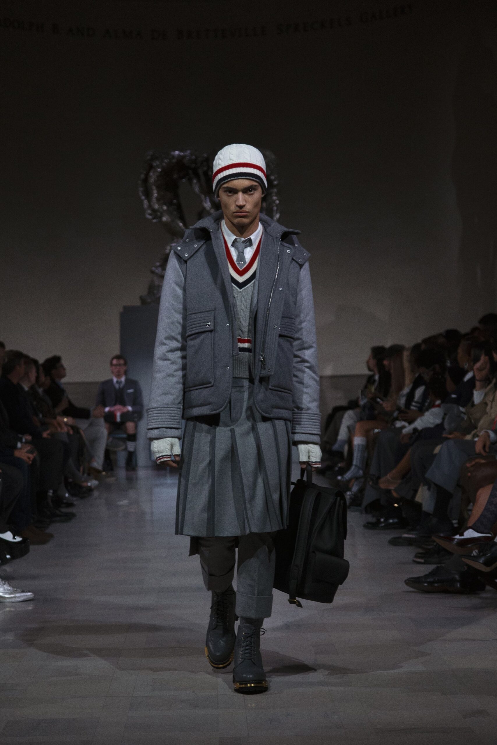 gray wool vest with pleated skirt