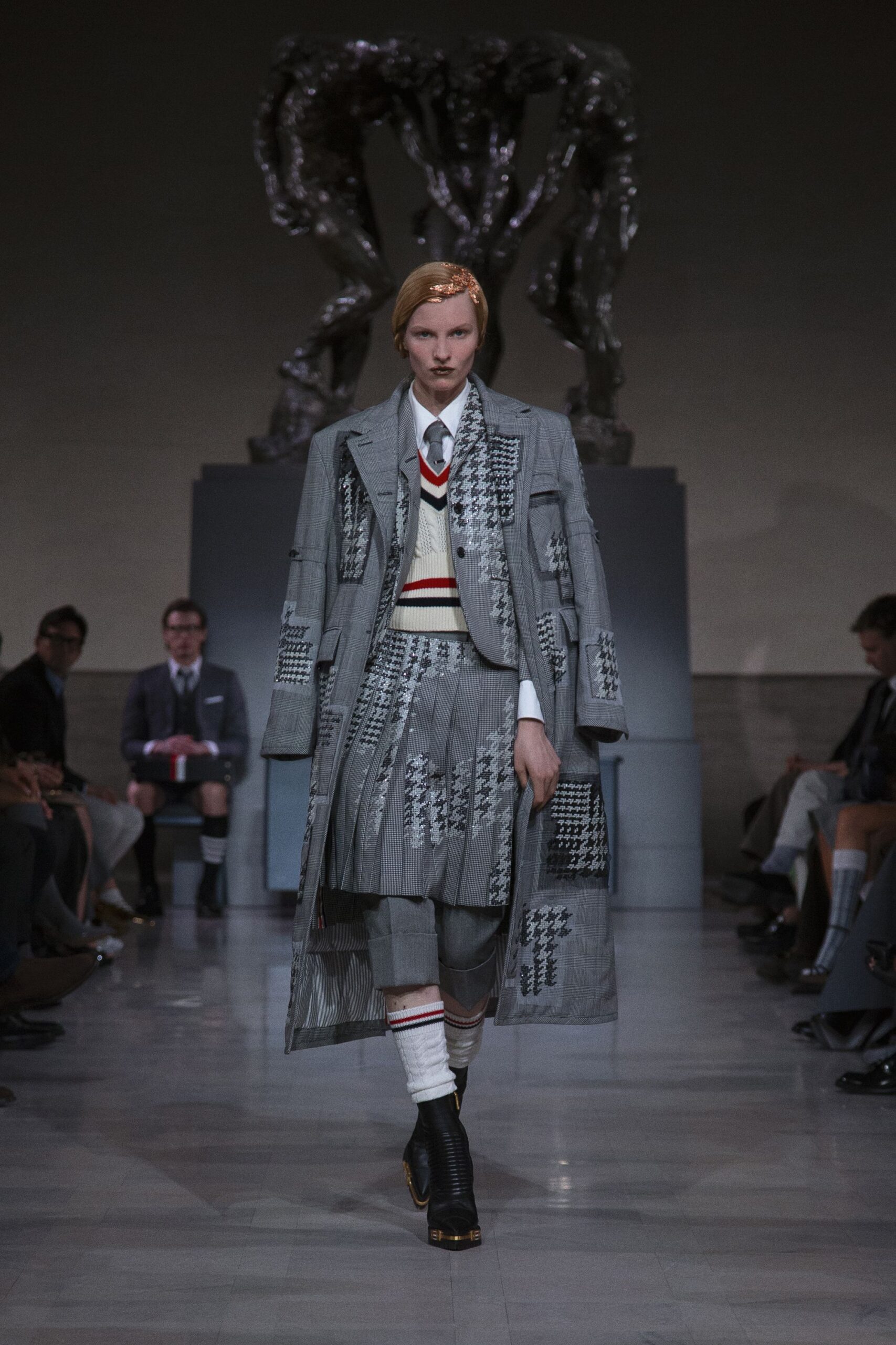 gray wool long-sleeve collared structured buttoned layered coat
