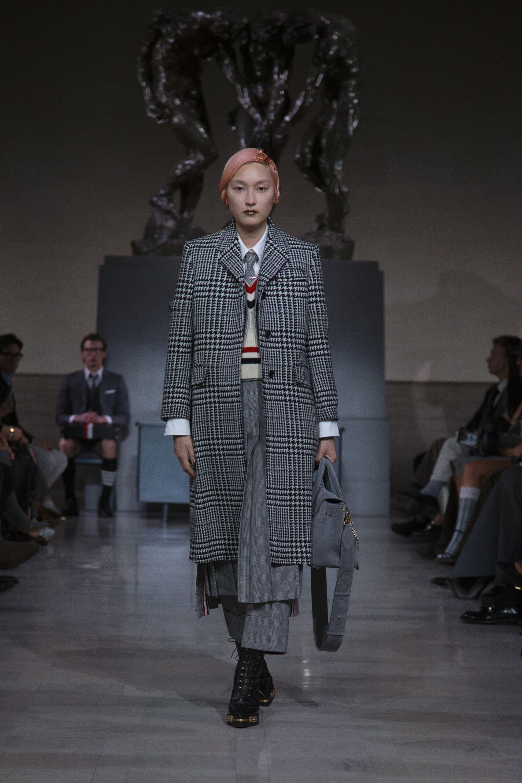 gray checked coat with tailored pants