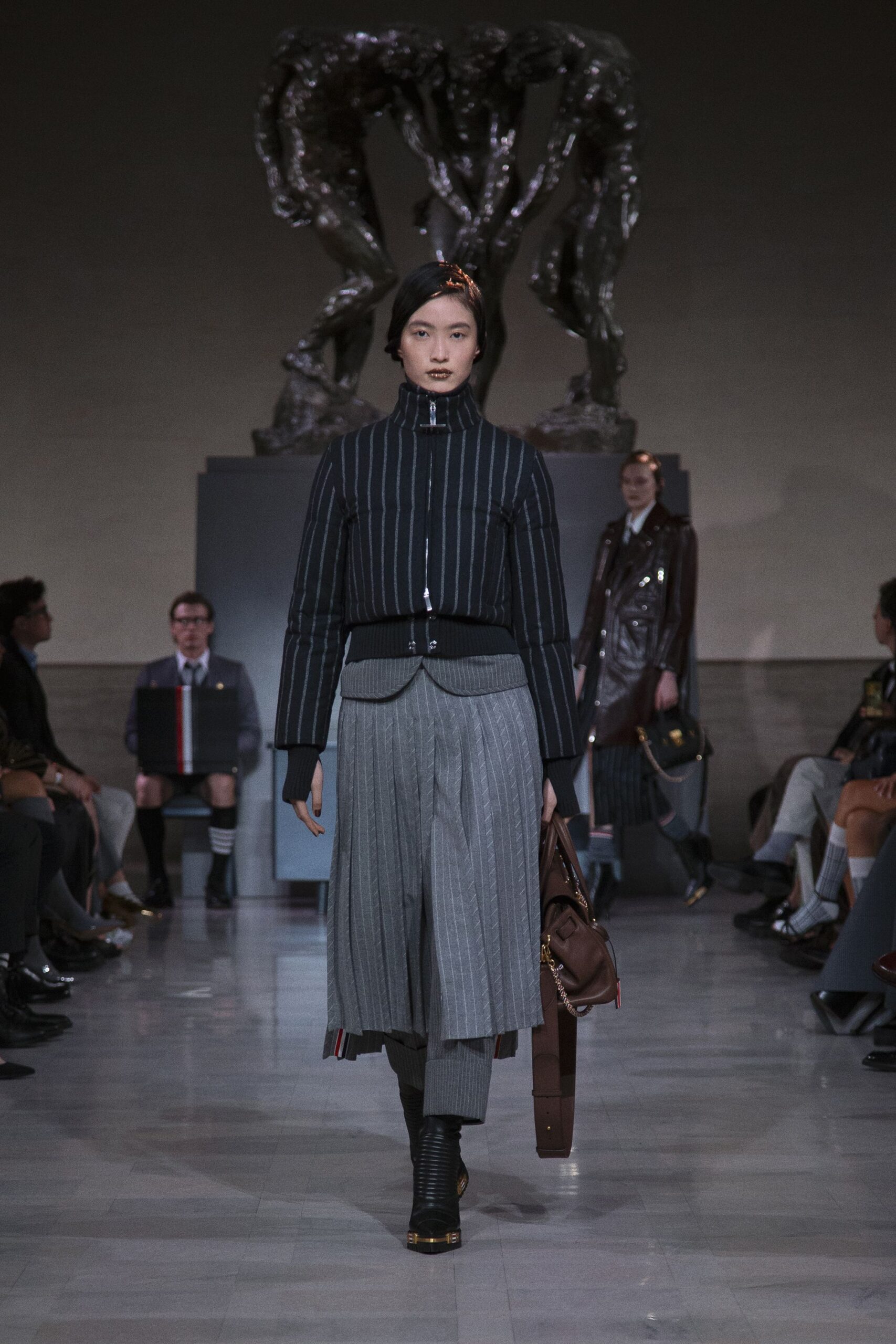 black striped jacket with gray pants