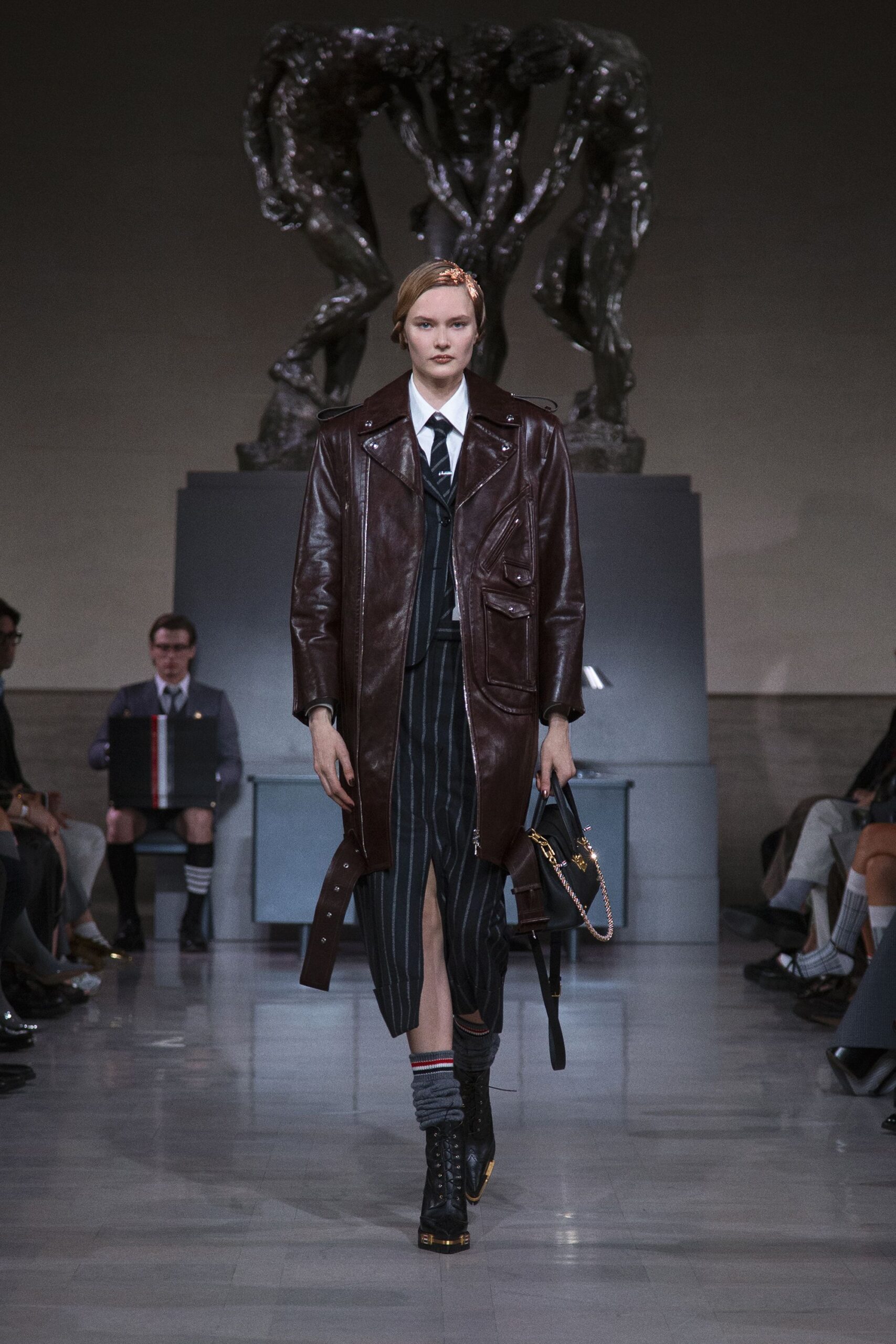 brown leather long-sleeve collared fitted buttoned coat