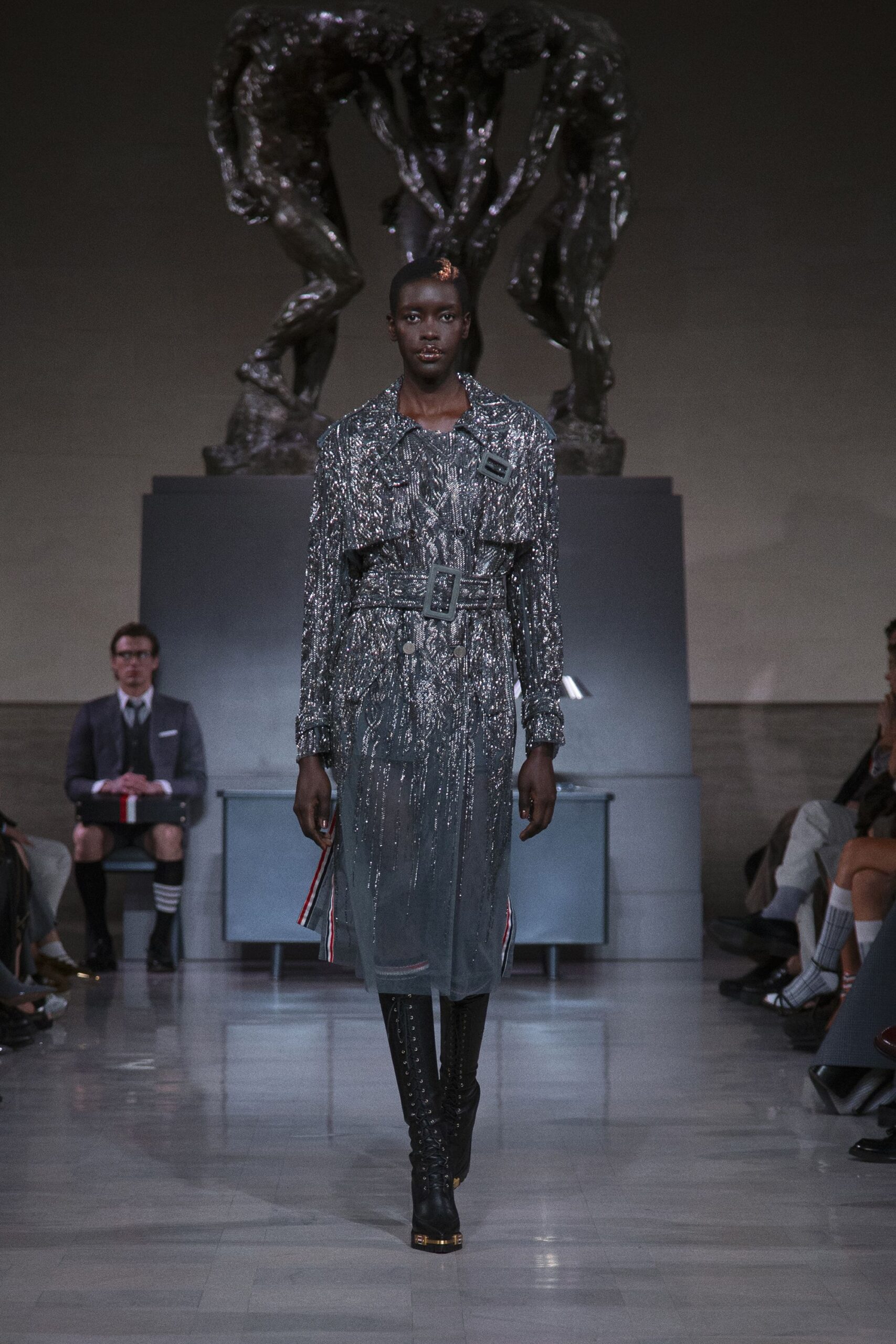gray silk long-sleeve collared fitted embellished zippered dress