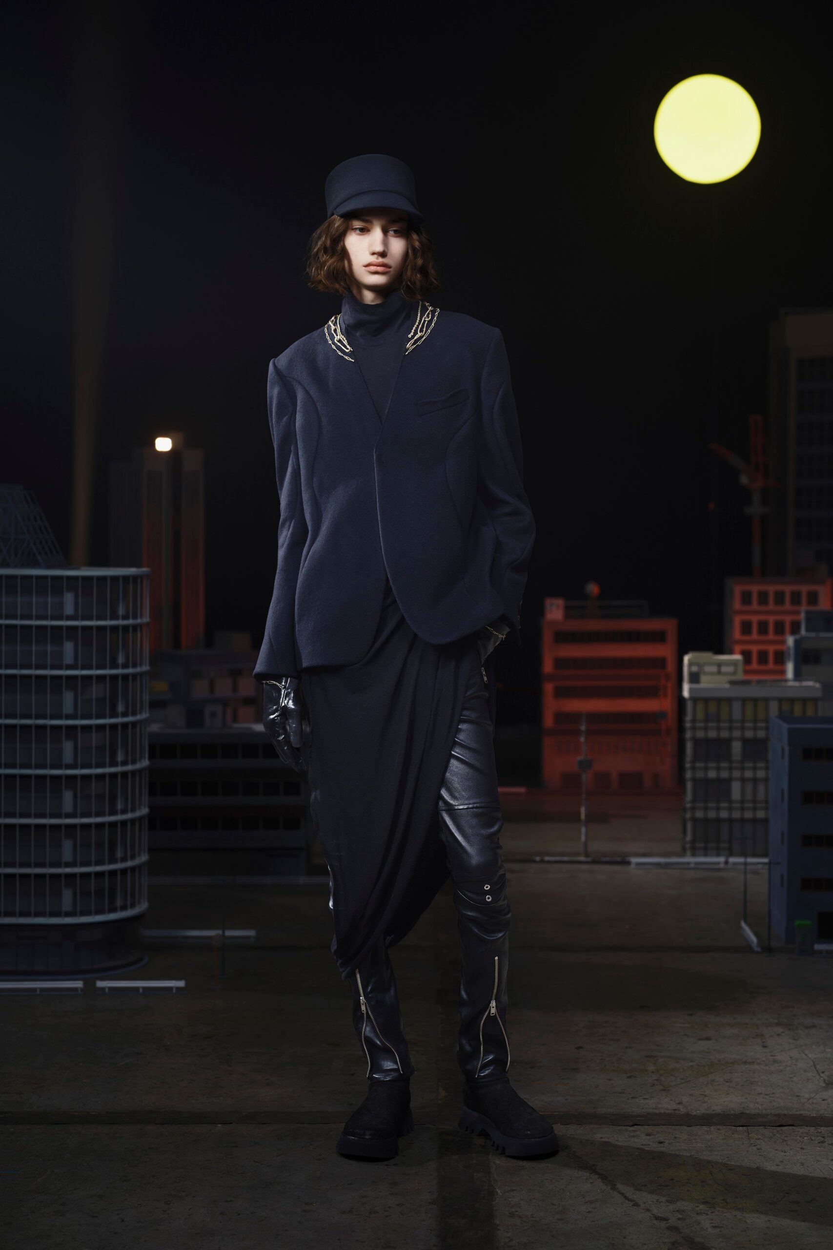 black wool long-sleeve collared structured zippered blazer