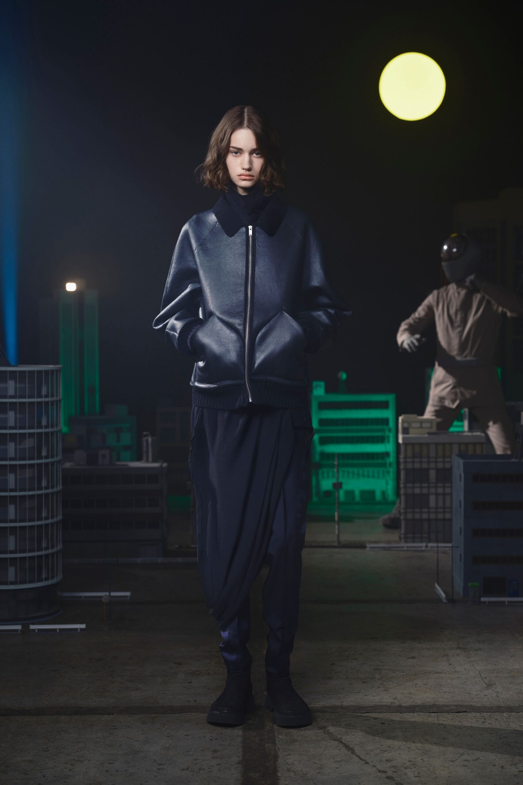 blue leather long-sleeve collared relaxed zippered jacket