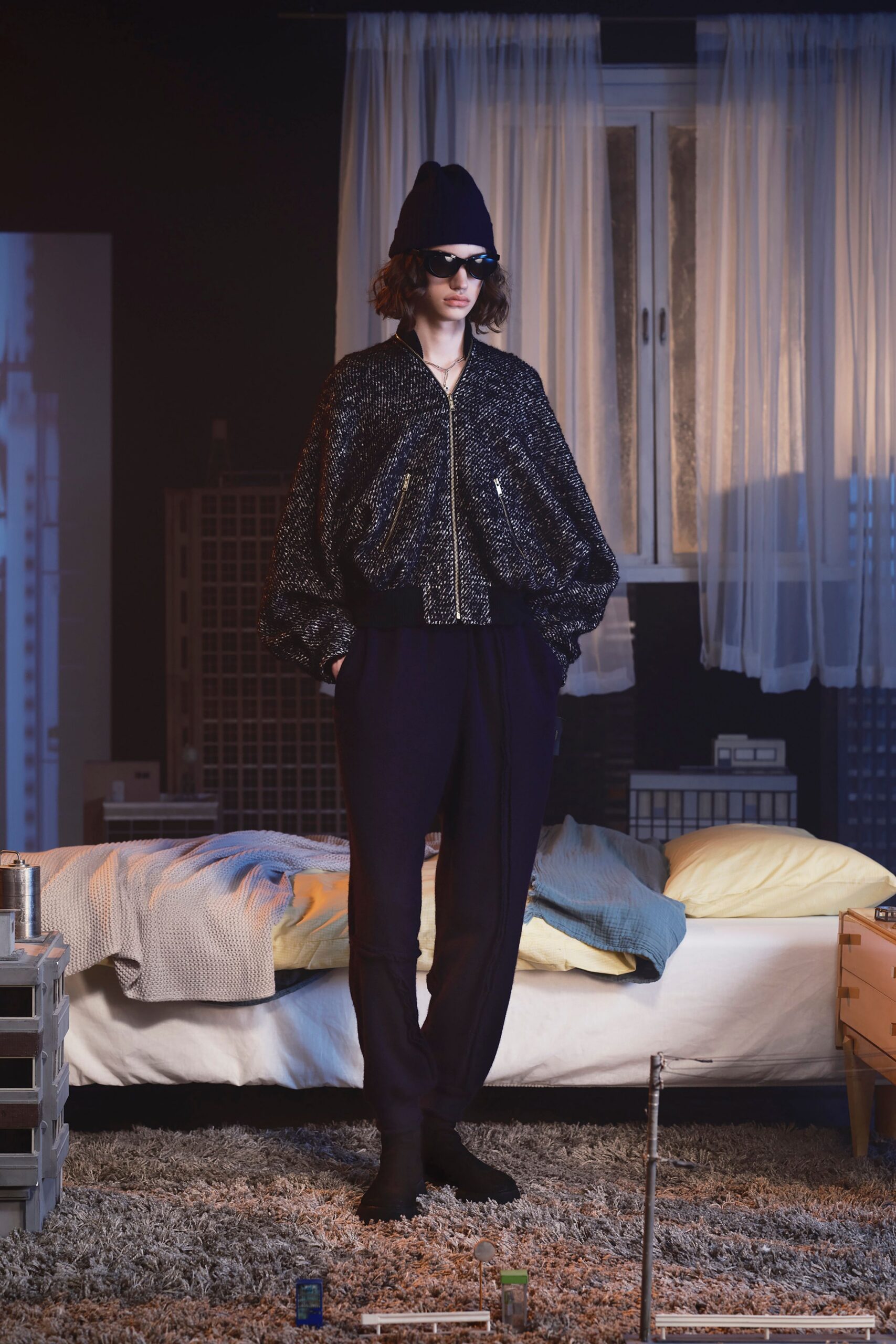 black cotton long-sleeve collared relaxed zippered printed jacket