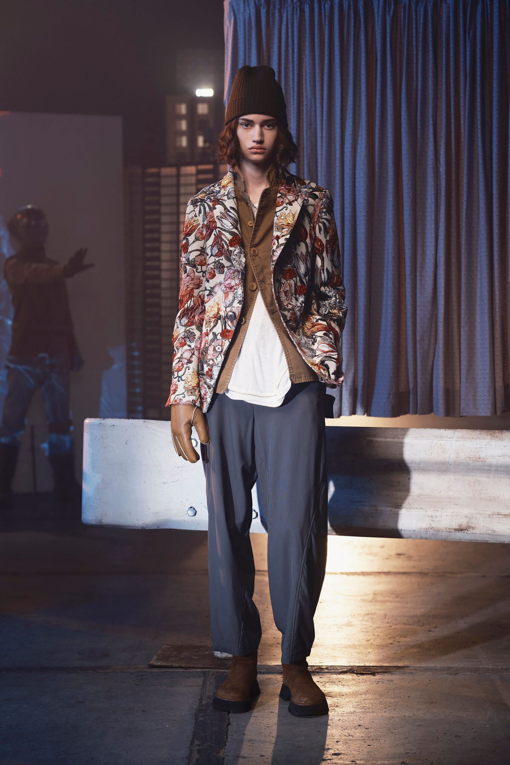 multi cotton long-sleeve collared tailored floral blazer