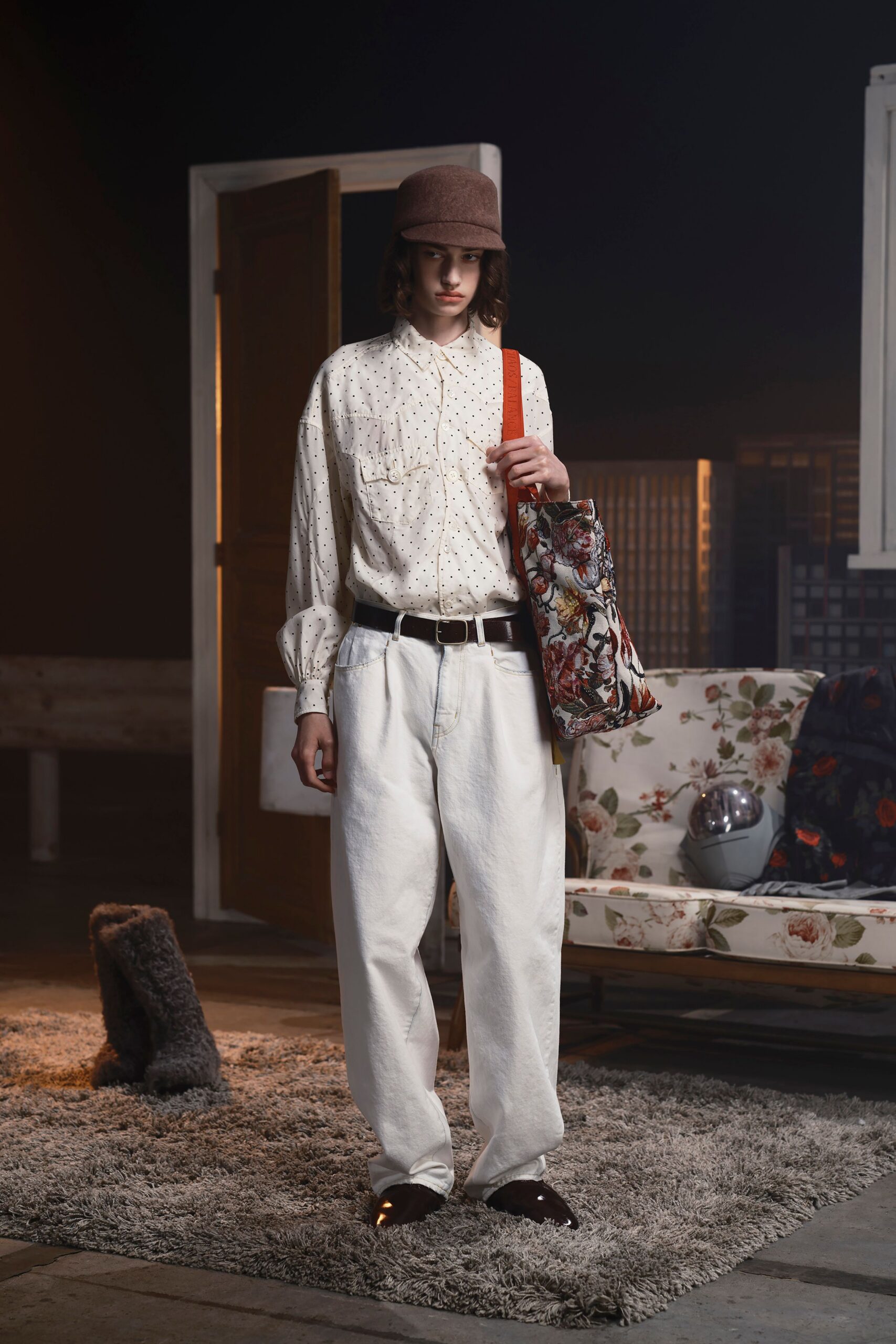 white polka-dot shirt with relaxed pants