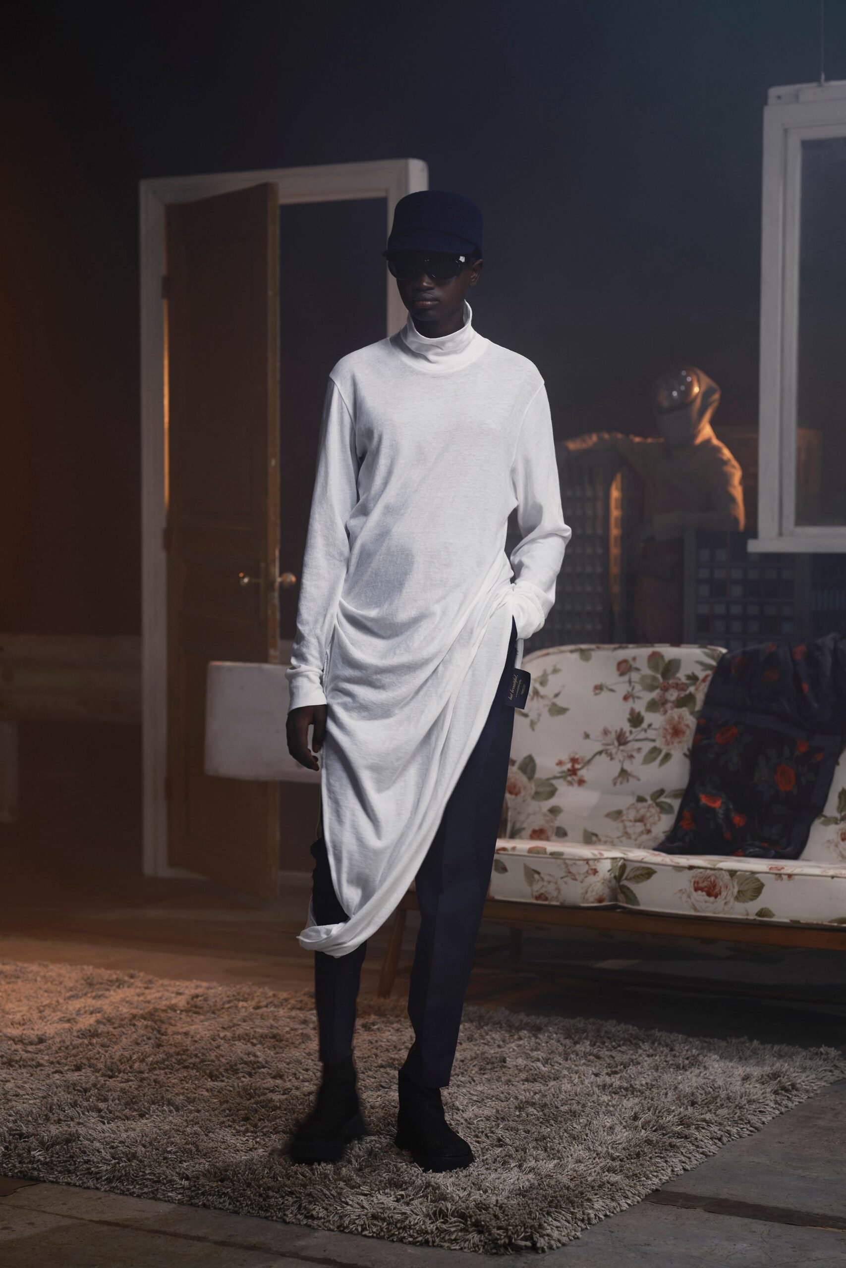 white relaxed midi dress with black pants