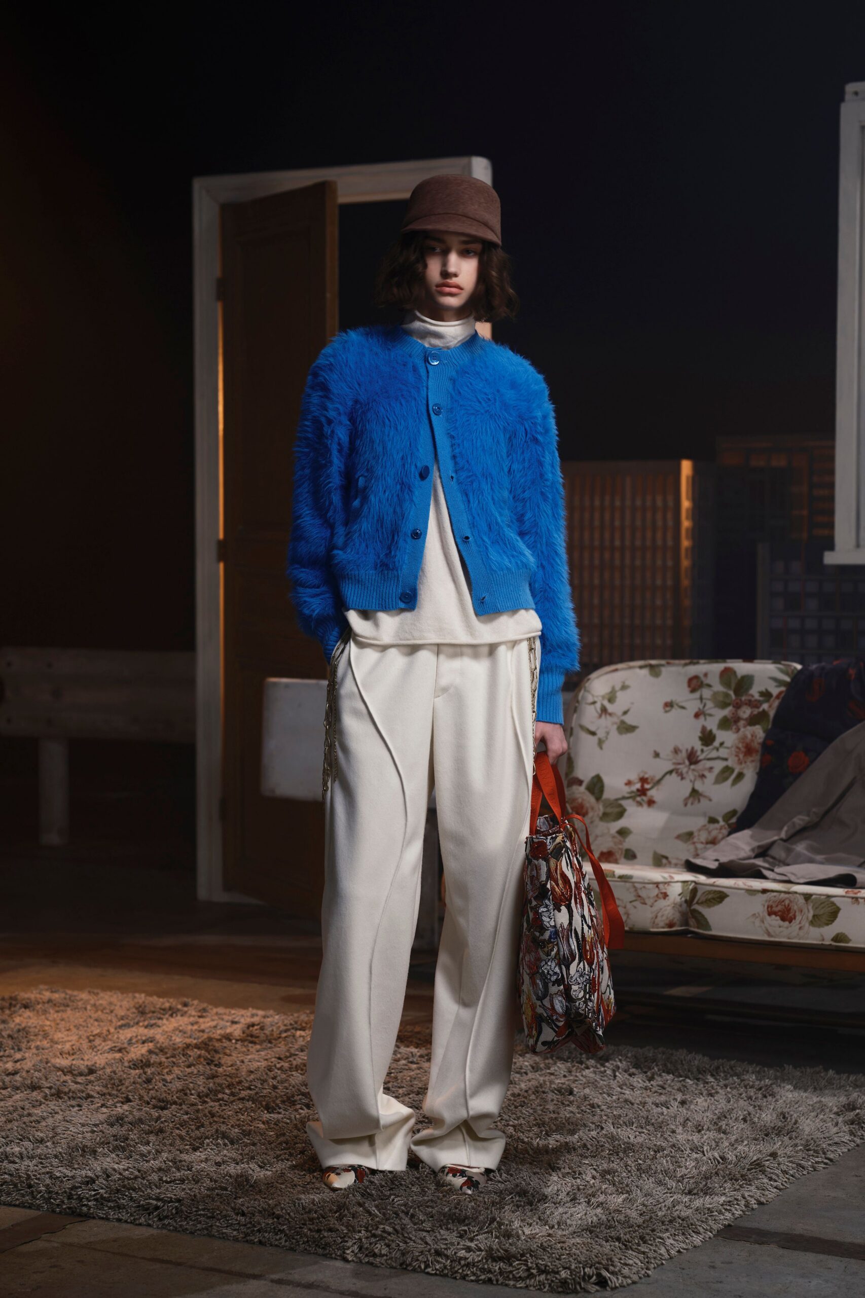 blue fur long-sleeve collared relaxed textured cardigan