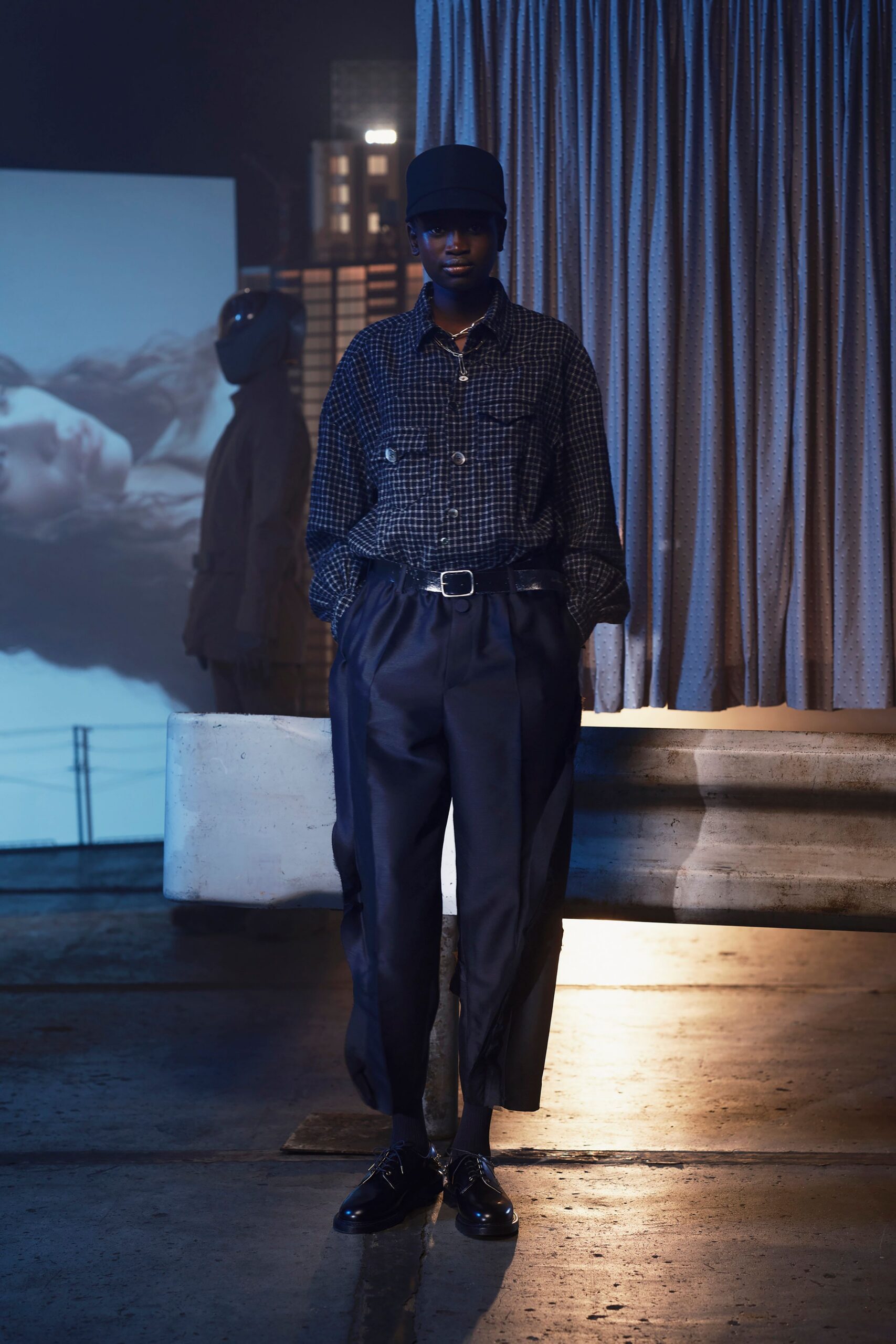 black checked shirt and relaxed pants