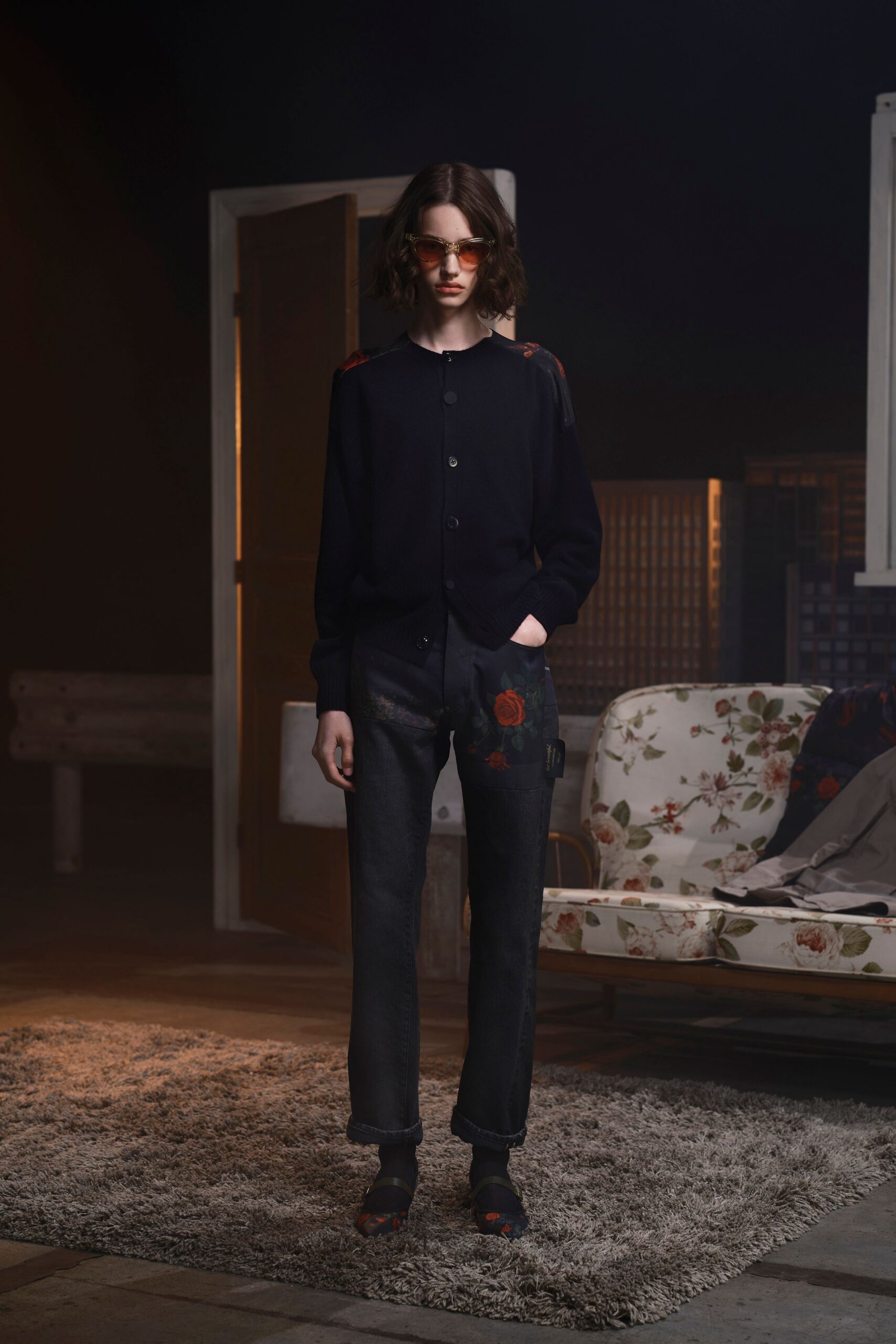 black wool long-sleeve collared relaxed buttoned cardigan