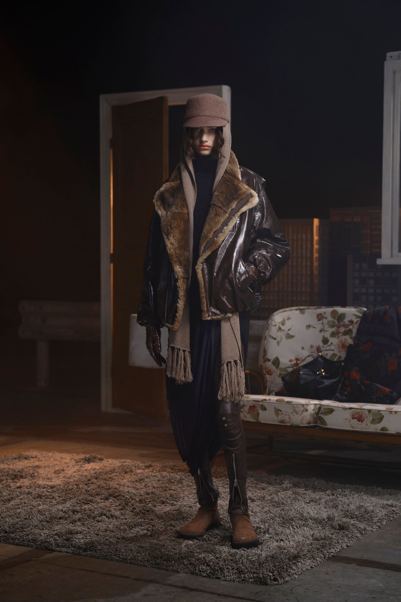 brown leather jacket with scarf