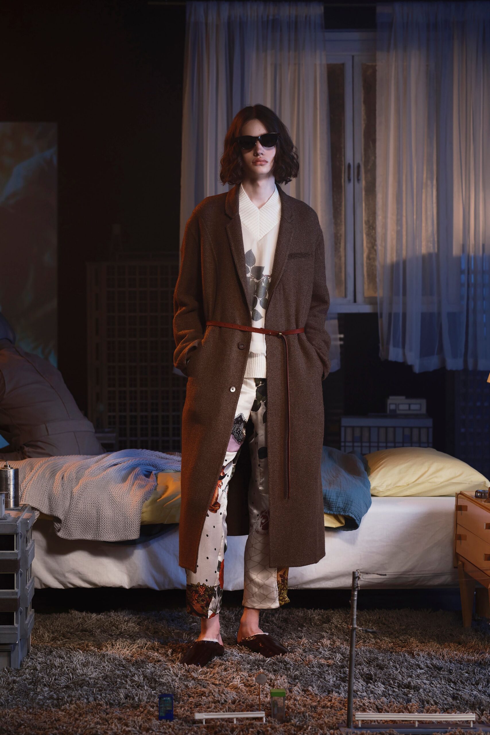 brown wool long-sleeve collared relaxed belted coat