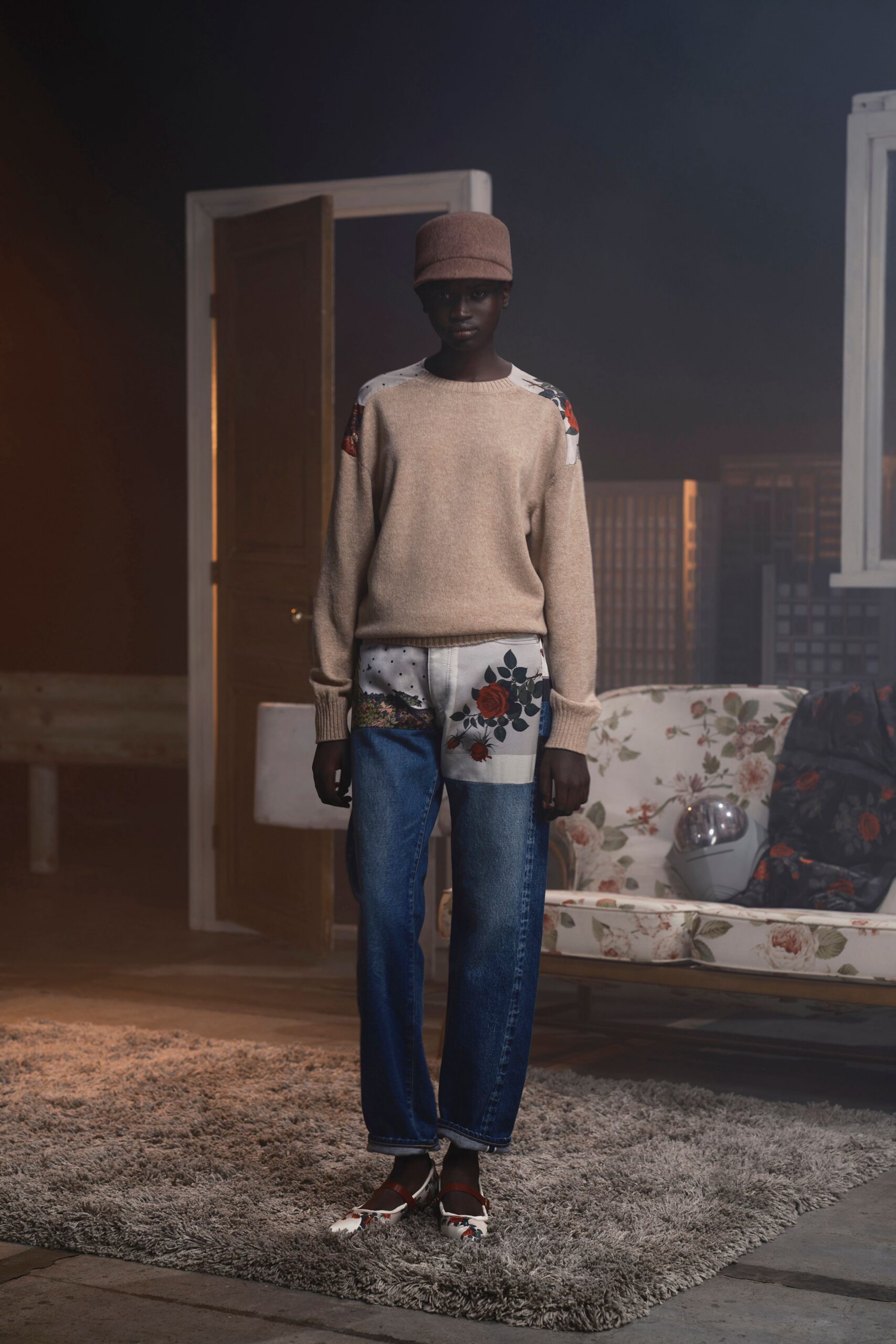 blue denim relaxed embroidered straight-leg pants