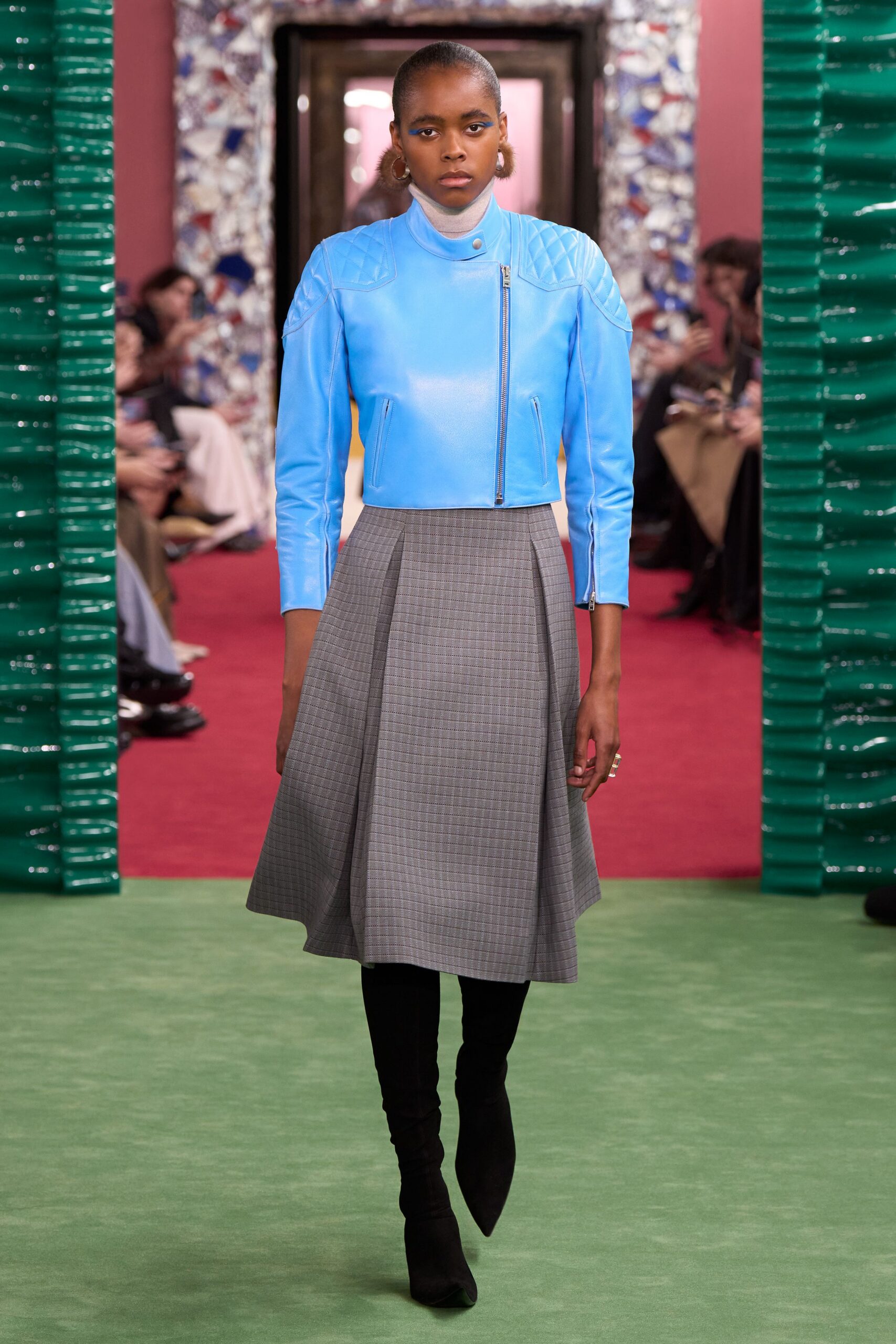 blue leather long-sleeve collared fitted quilted jacket