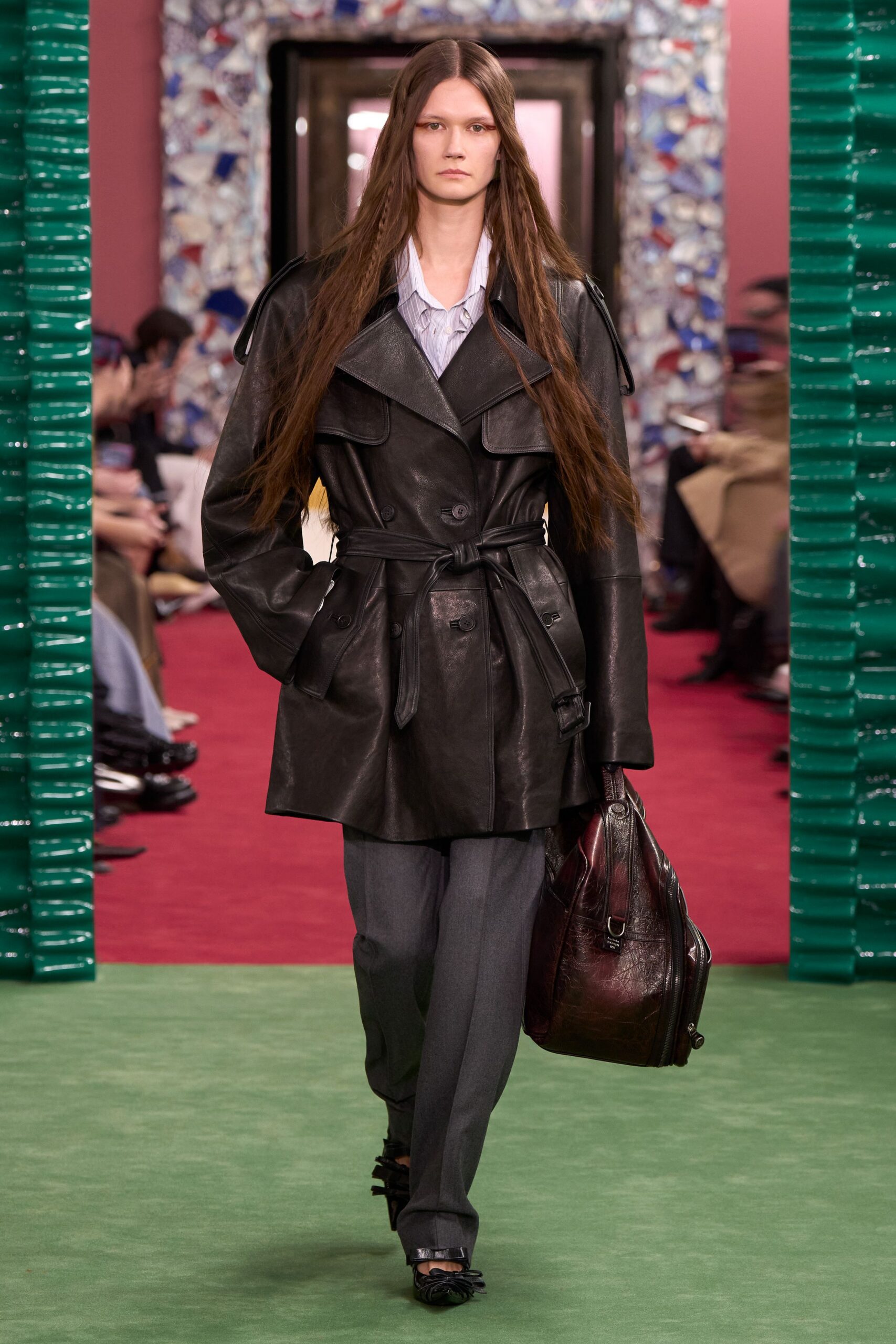 black leather long-sleeve collared fitted belted coat