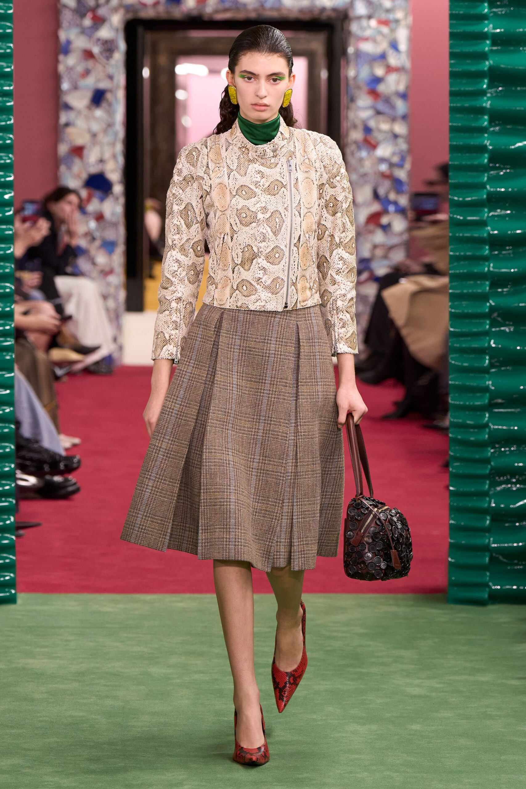 brown cotton fitted high-waisted pleated checked midi skirt