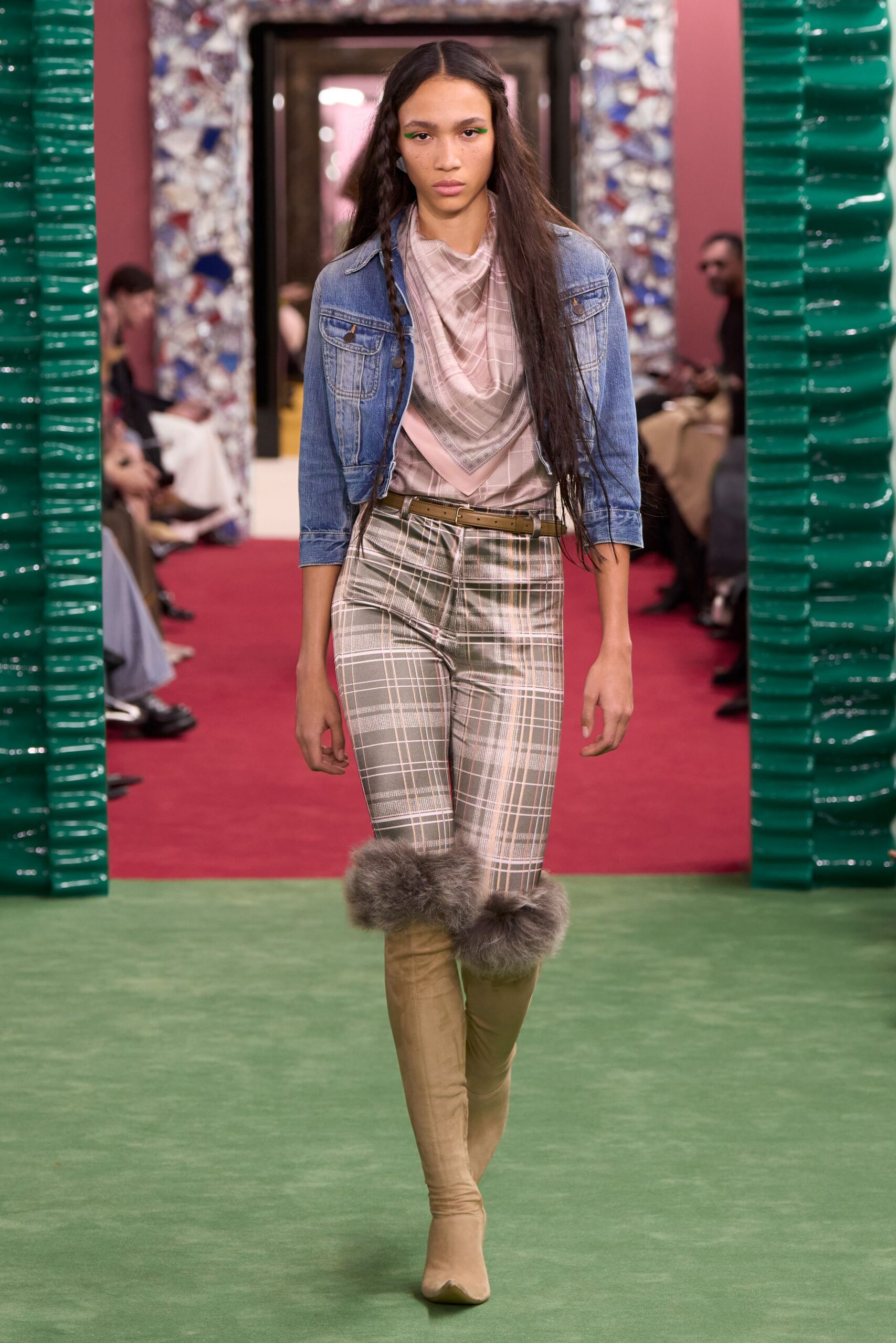 beige cotton slim checked pants