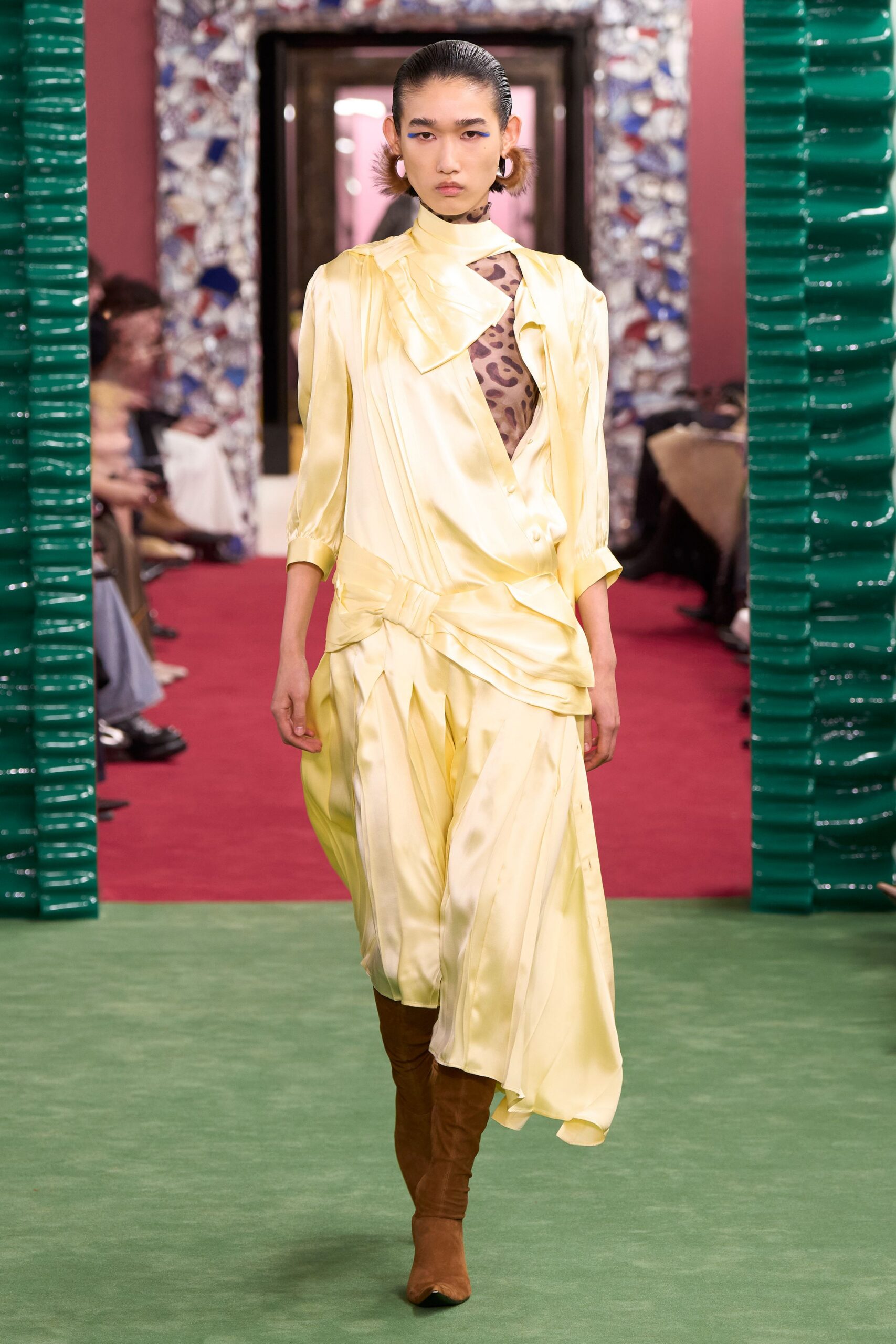 yellow silk long-sleeve collared relaxed pleated draped dress