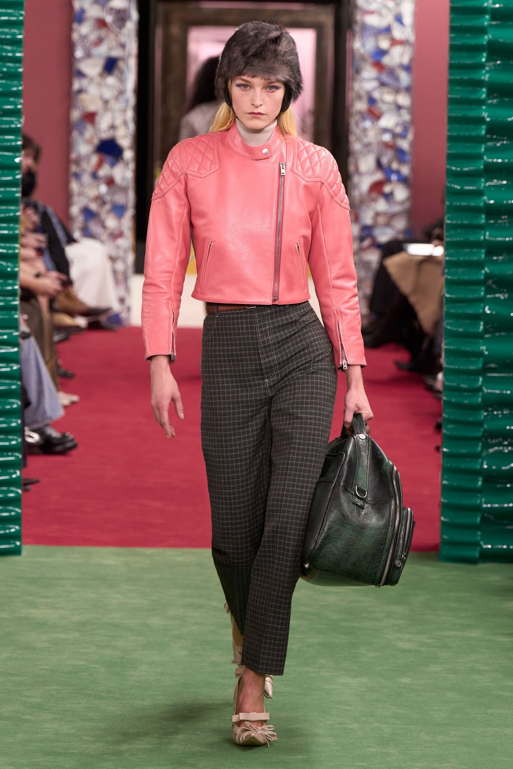 pink leather long-sleeve collared fitted zippered quilted jacket
