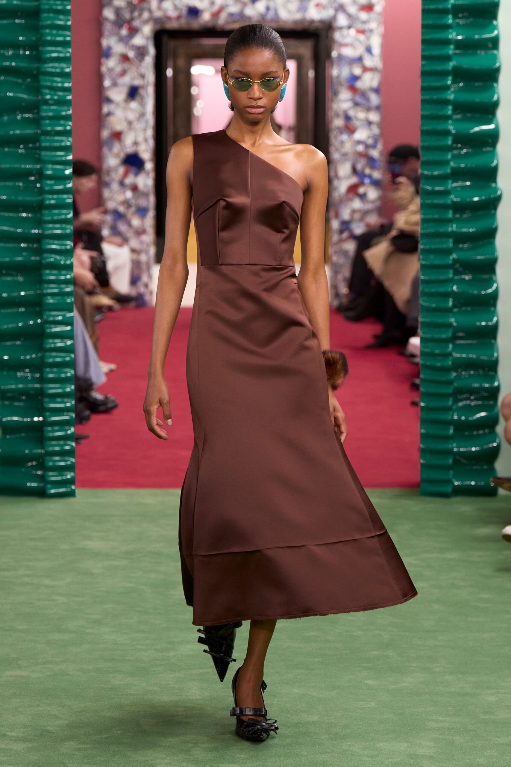 brown silk sleeveless v-neck fitted draped midi gown