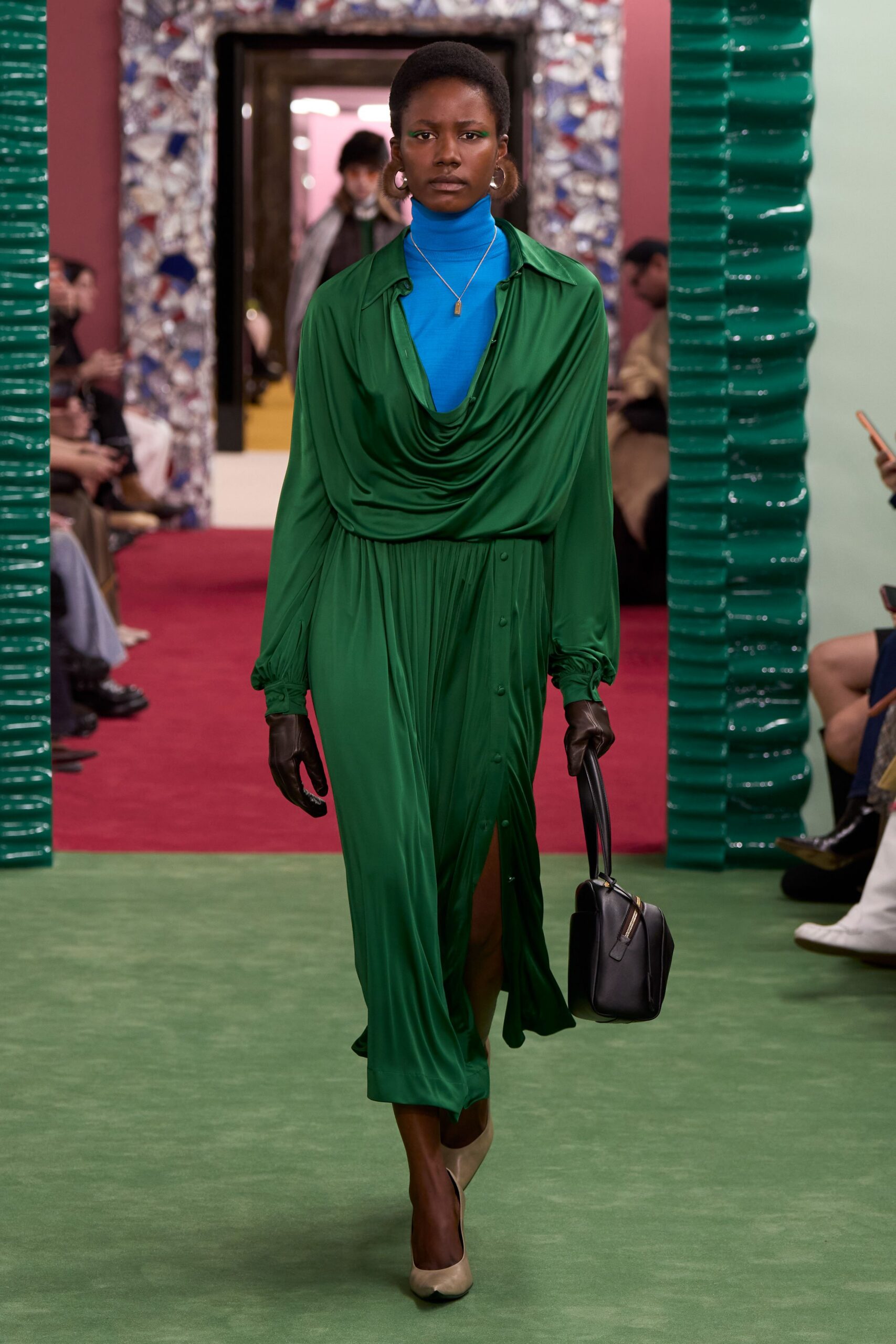 green silk long-sleeve v-neck fitted draped flowing dress