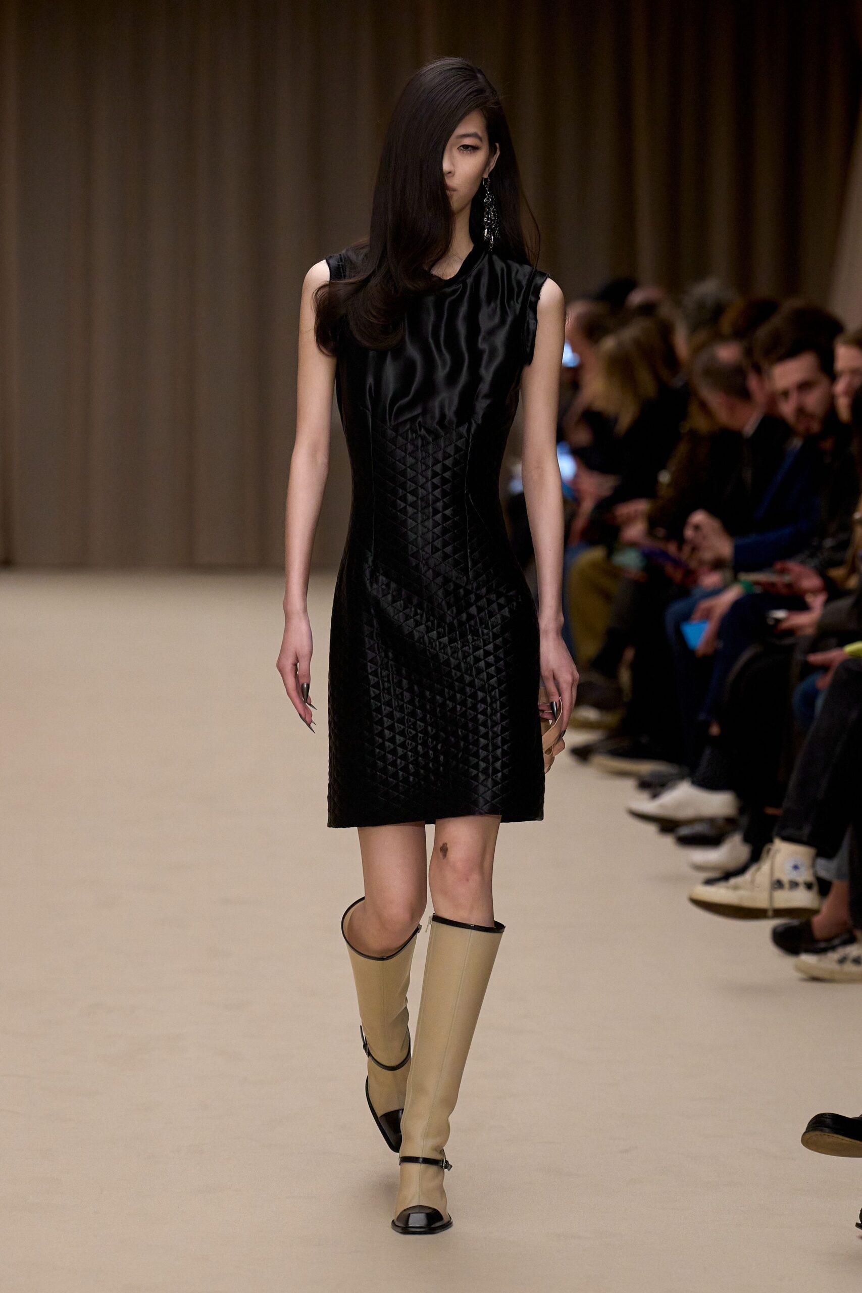black leather sleeveless high-neck fitted pleated mini dress