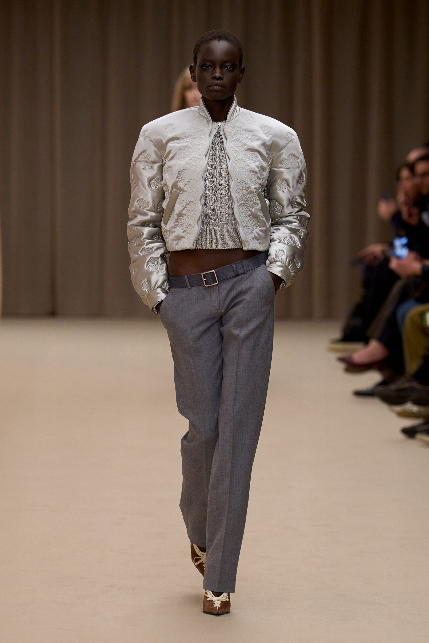 gray silk long-sleeve collared fitted embroidered cropped jacket
