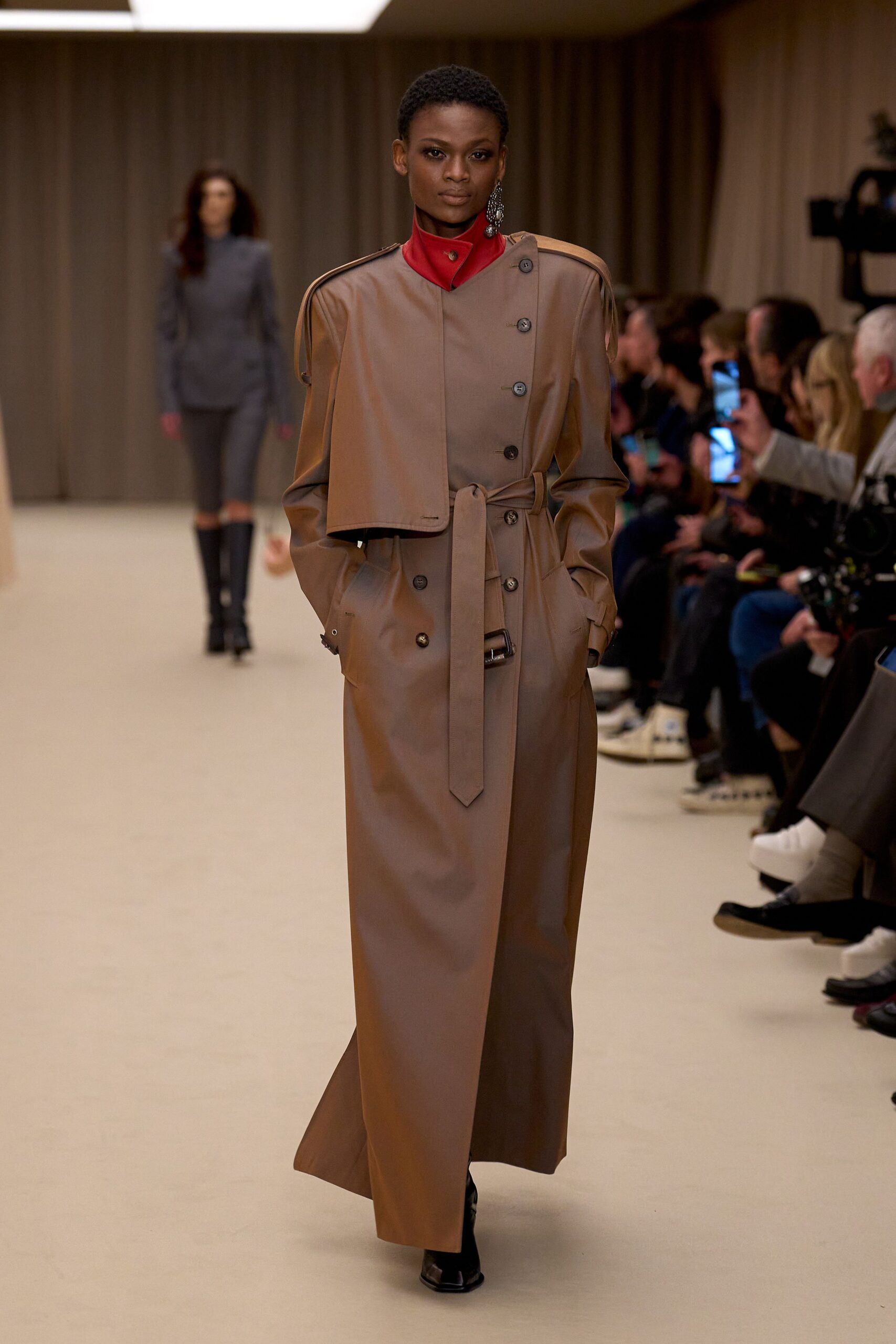 brown leather long-sleeve collared fitted belted maxi coat