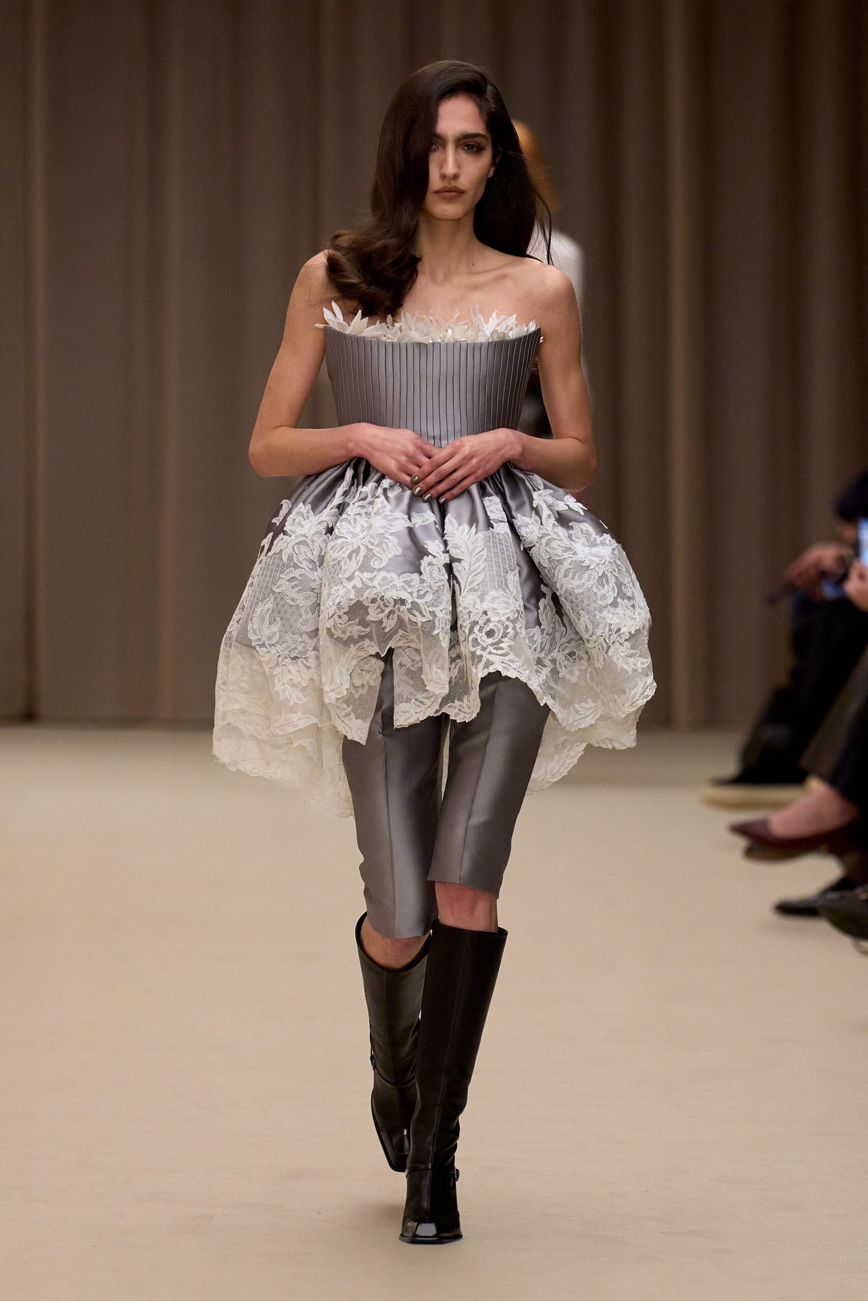 gray silk sleeveless high-neck fitted pleated ruffled dress