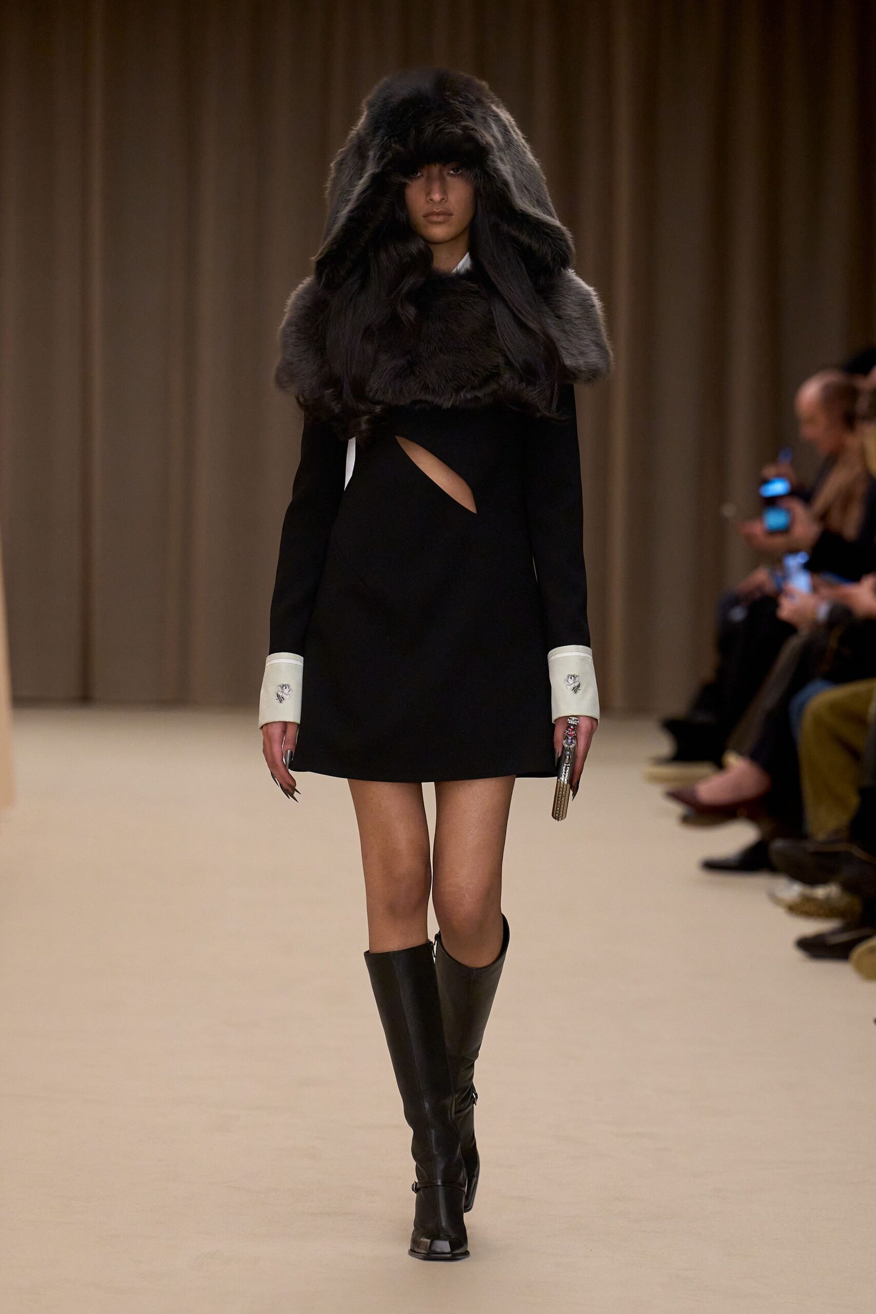black wool long-sleeve cutout fitted mini dress