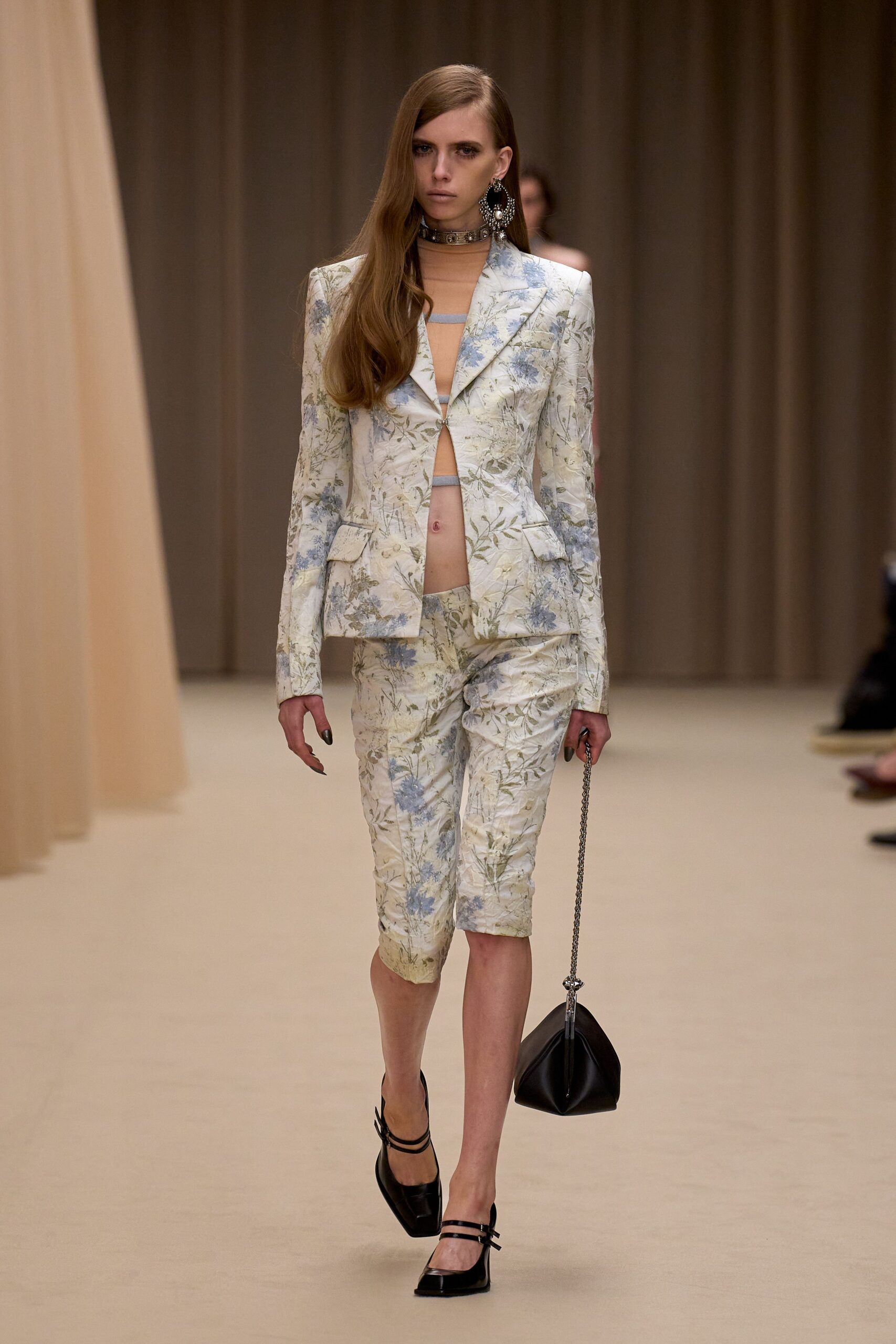 blue cotton tailored floral straight-leg pants