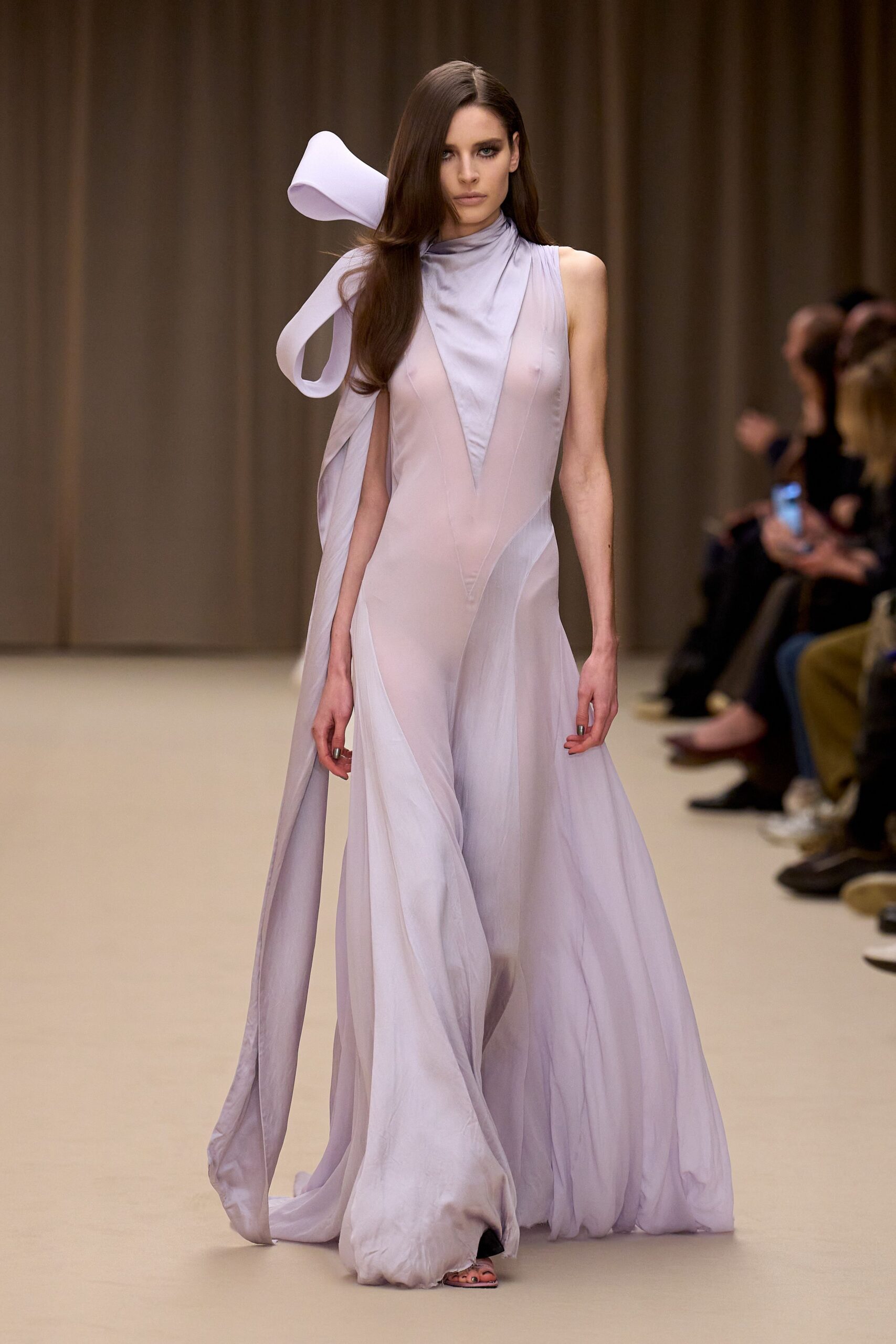 lavender silk sleeveless high-neck fitted draped flowing gown