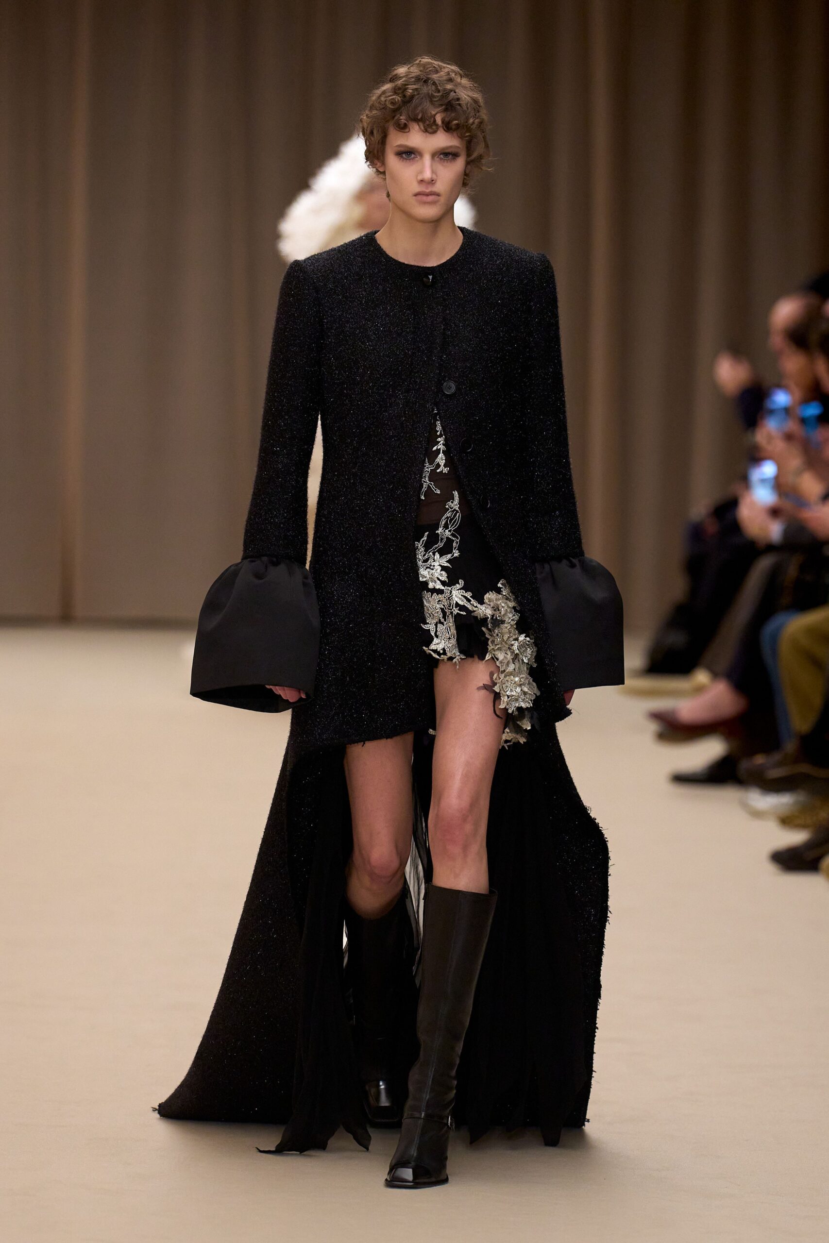 black silk long-sleeve collared fitted layered buttoned coat